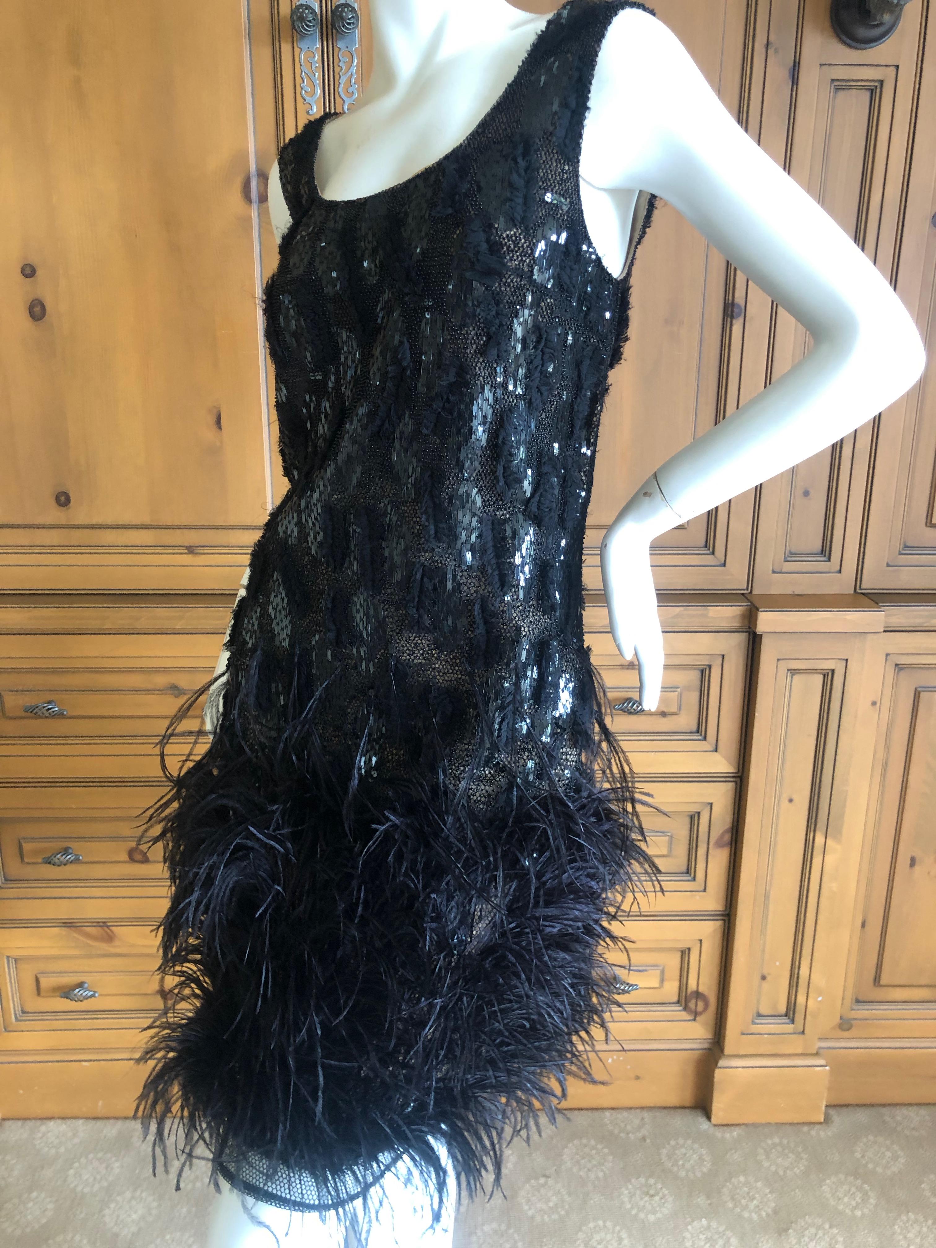 Oscar de la Renta Vintage Embellished Little Black Dress with Feather Trim 2