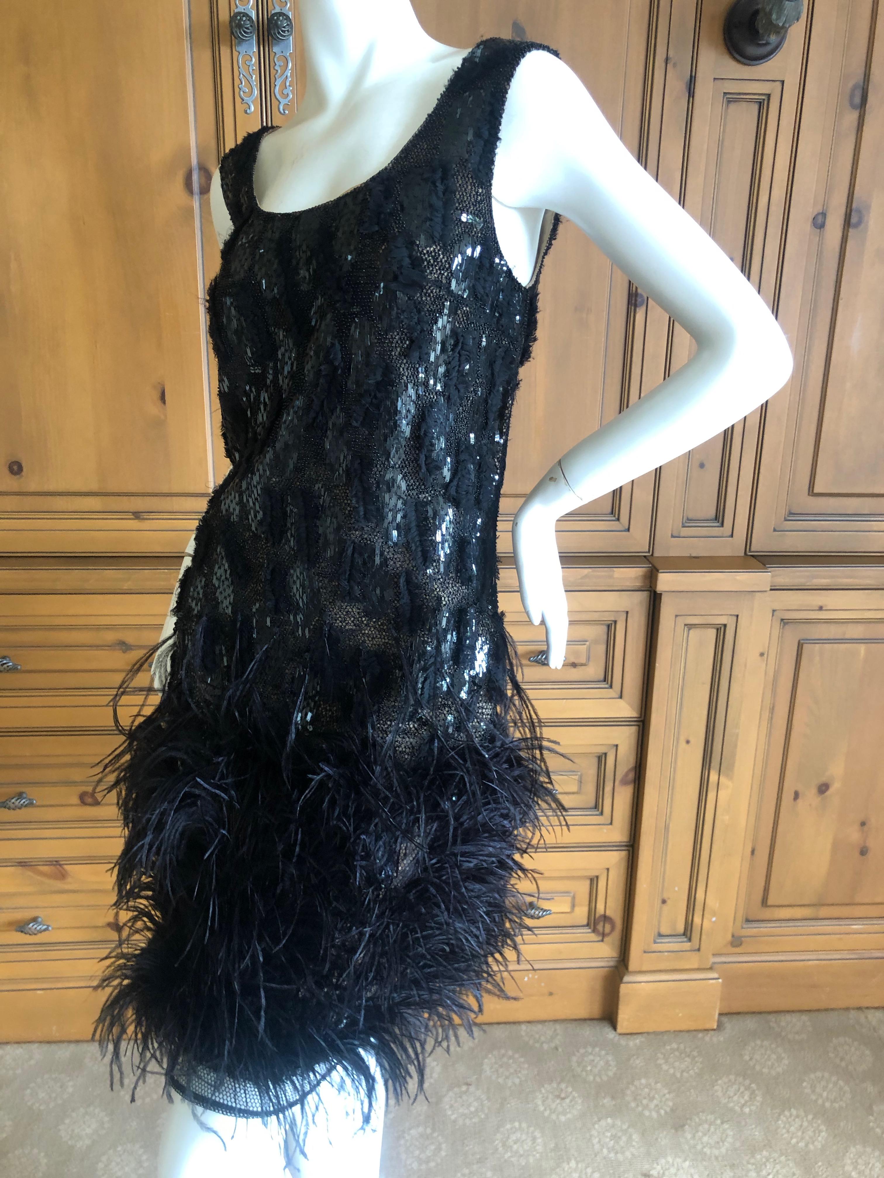 Oscar de la Renta Vintage Embellished Little Black Dress with Feather Trim 3