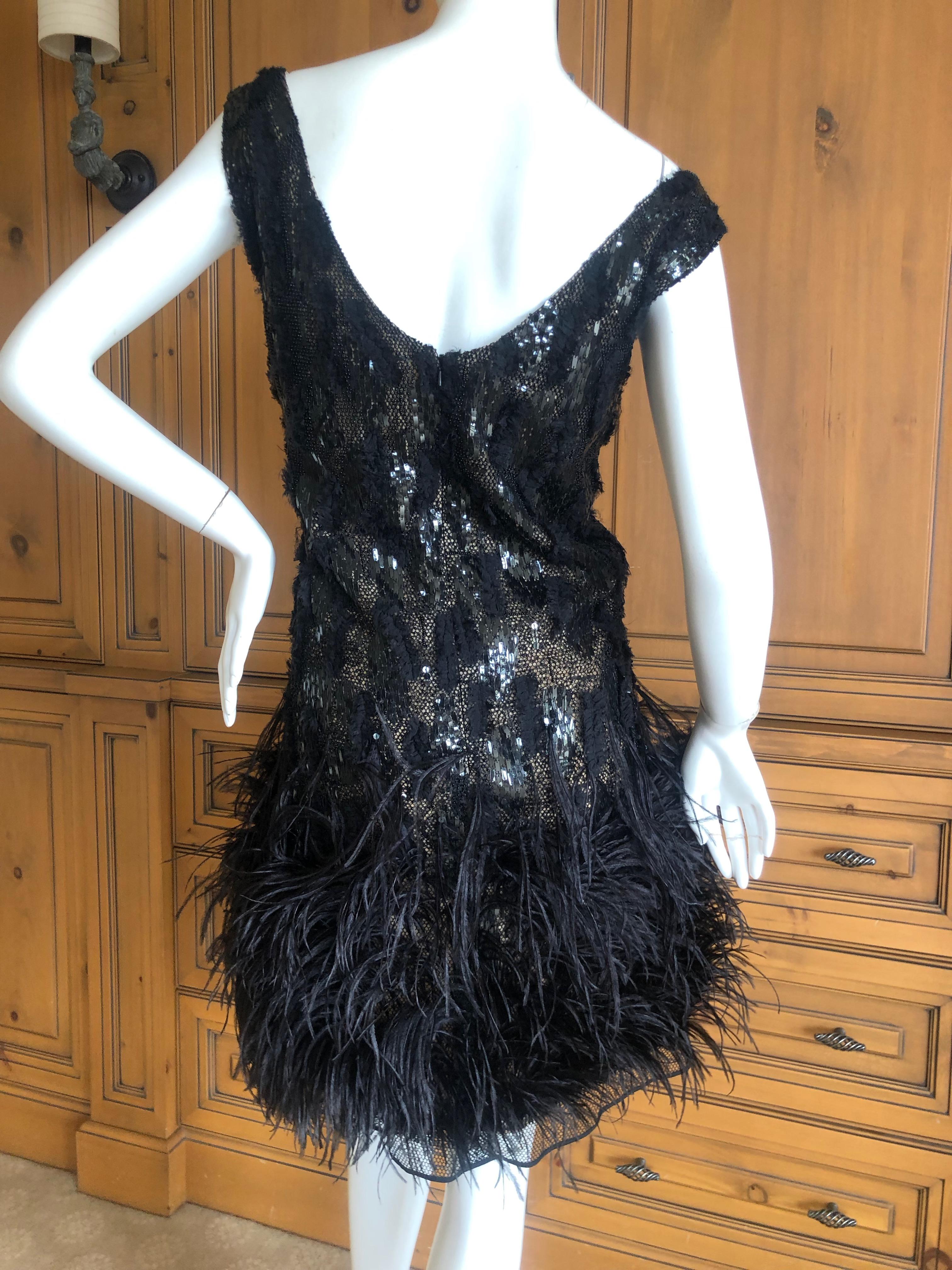 Oscar de la Renta Vintage Embellished Little Black Dress with Feather Trim 4