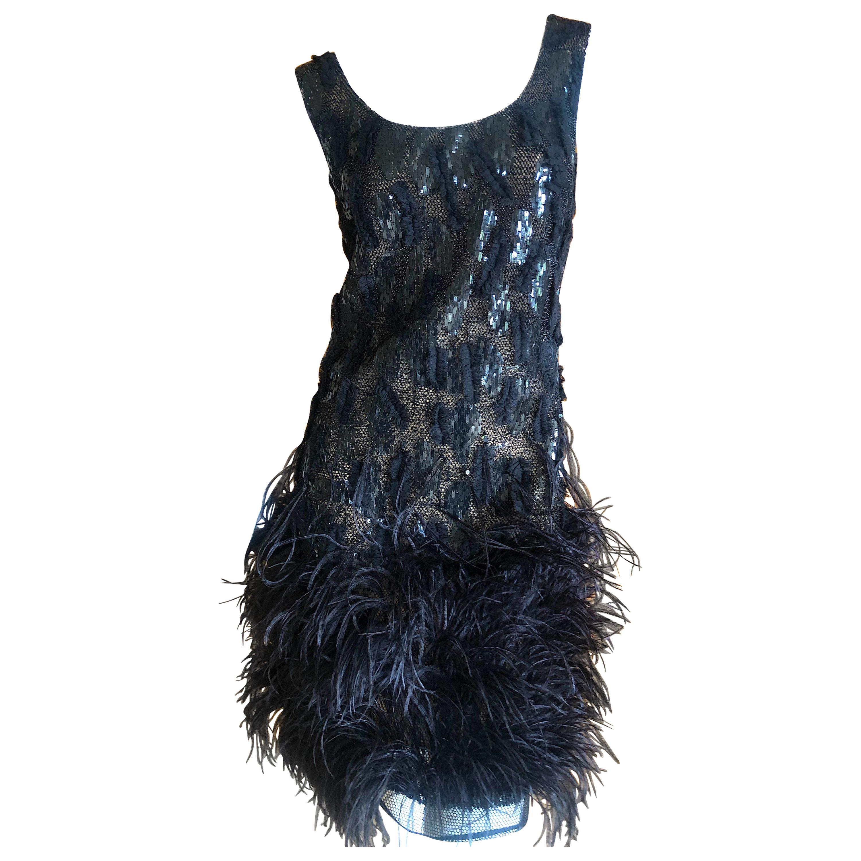 Oscar de la Renta Vintage Embellished Little Black Dress with Feather Trim