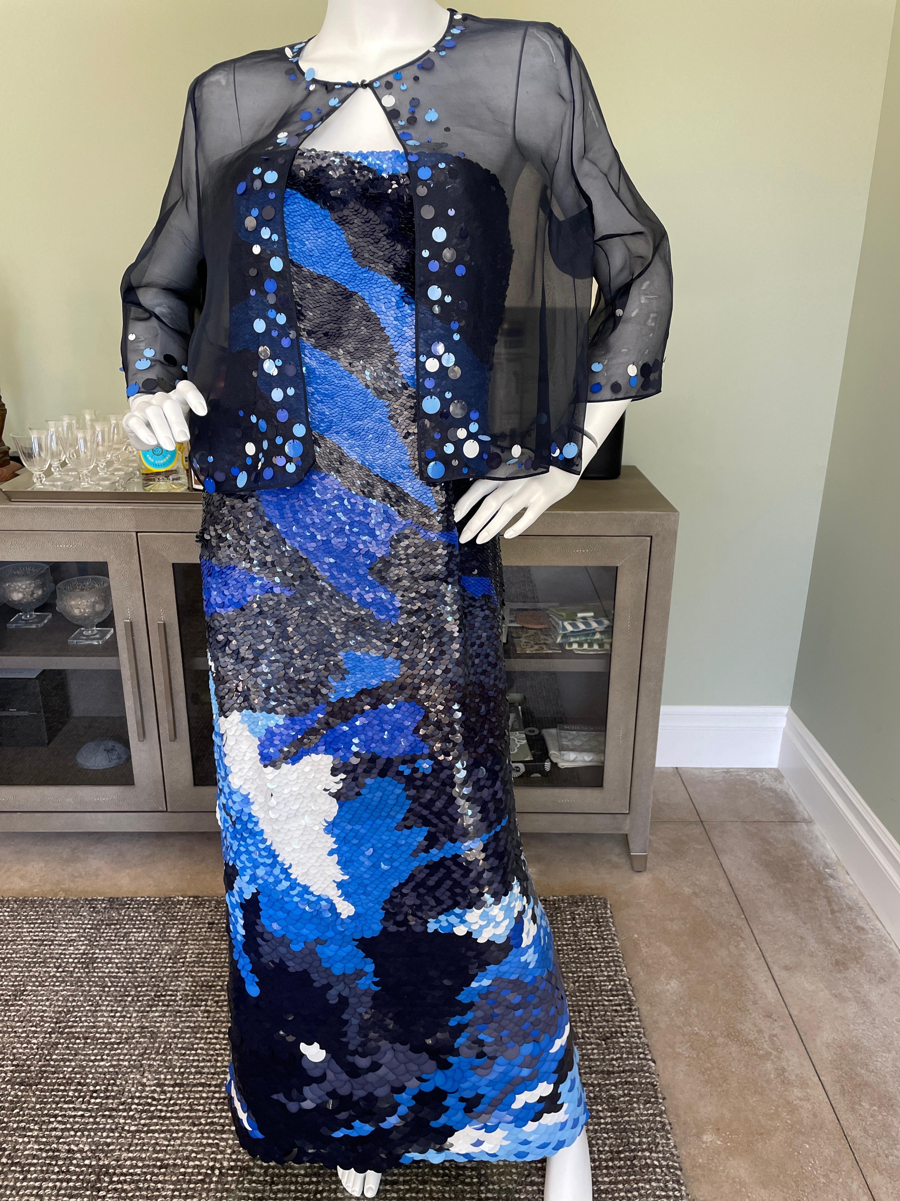 Women's Oscar de la Renta Vintage Fish Scale Sequin Corseted Evening Dress with Jacket For Sale