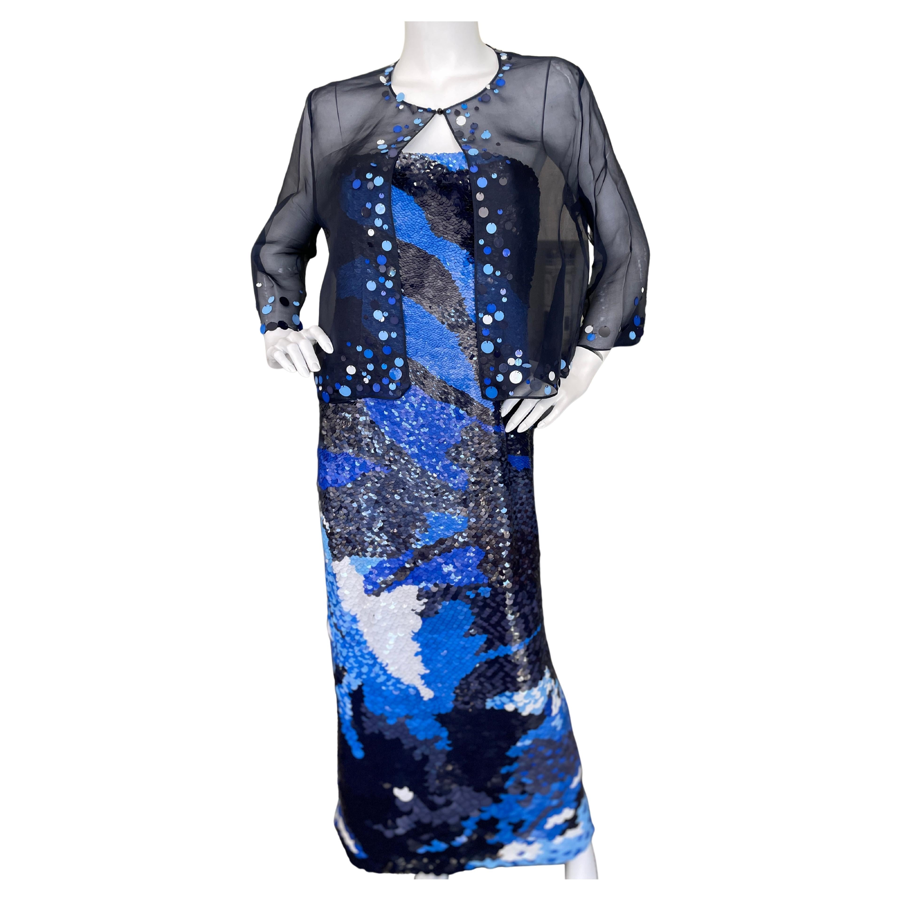 Oscar de la Renta Vintage Fish Scale Sequin Corseted Evening Dress with Jacket For Sale