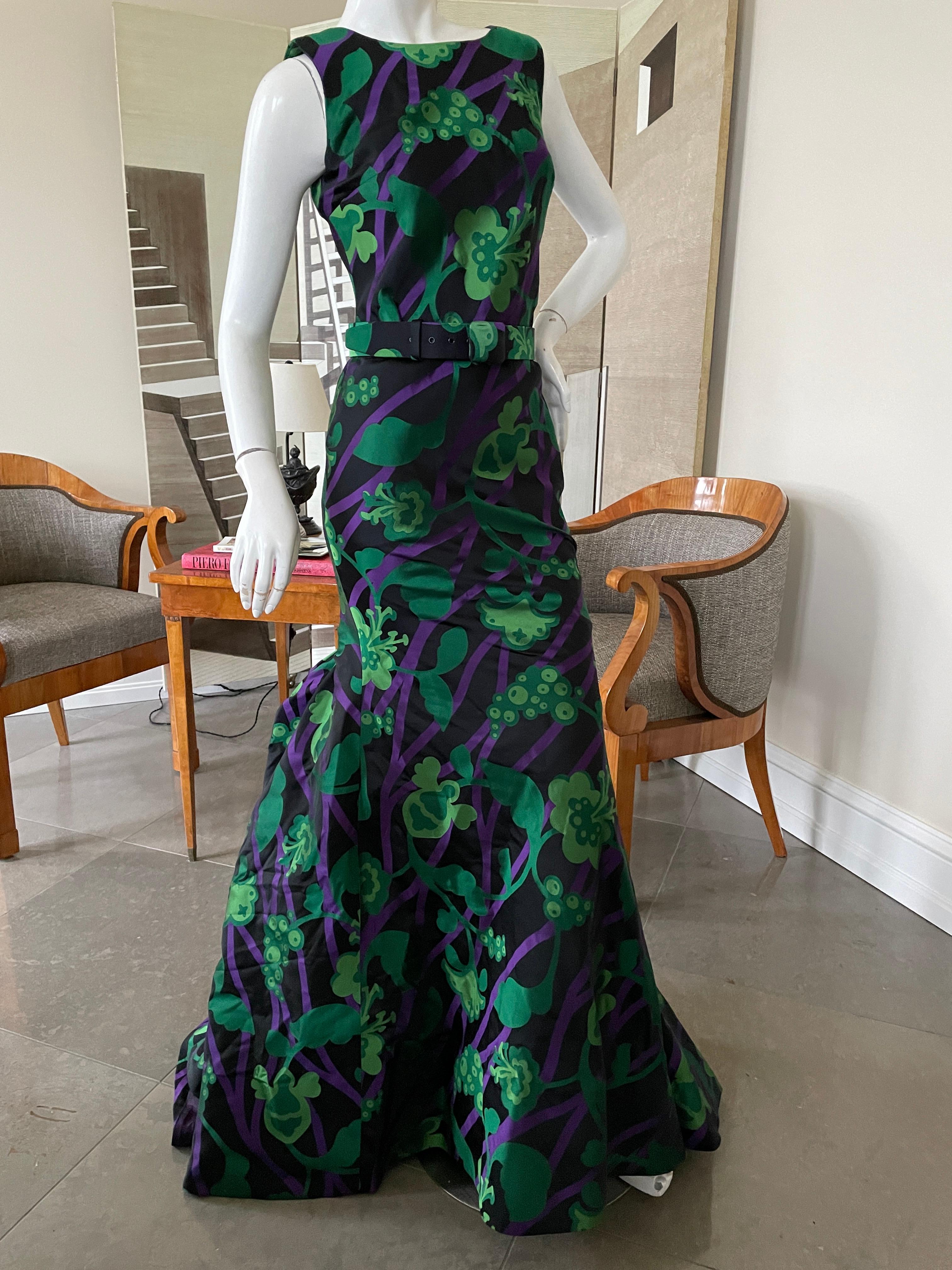 Women's Oscar de la Renta Vintage Floral Evening Dress with Grand Mermaid Train and Belt For Sale