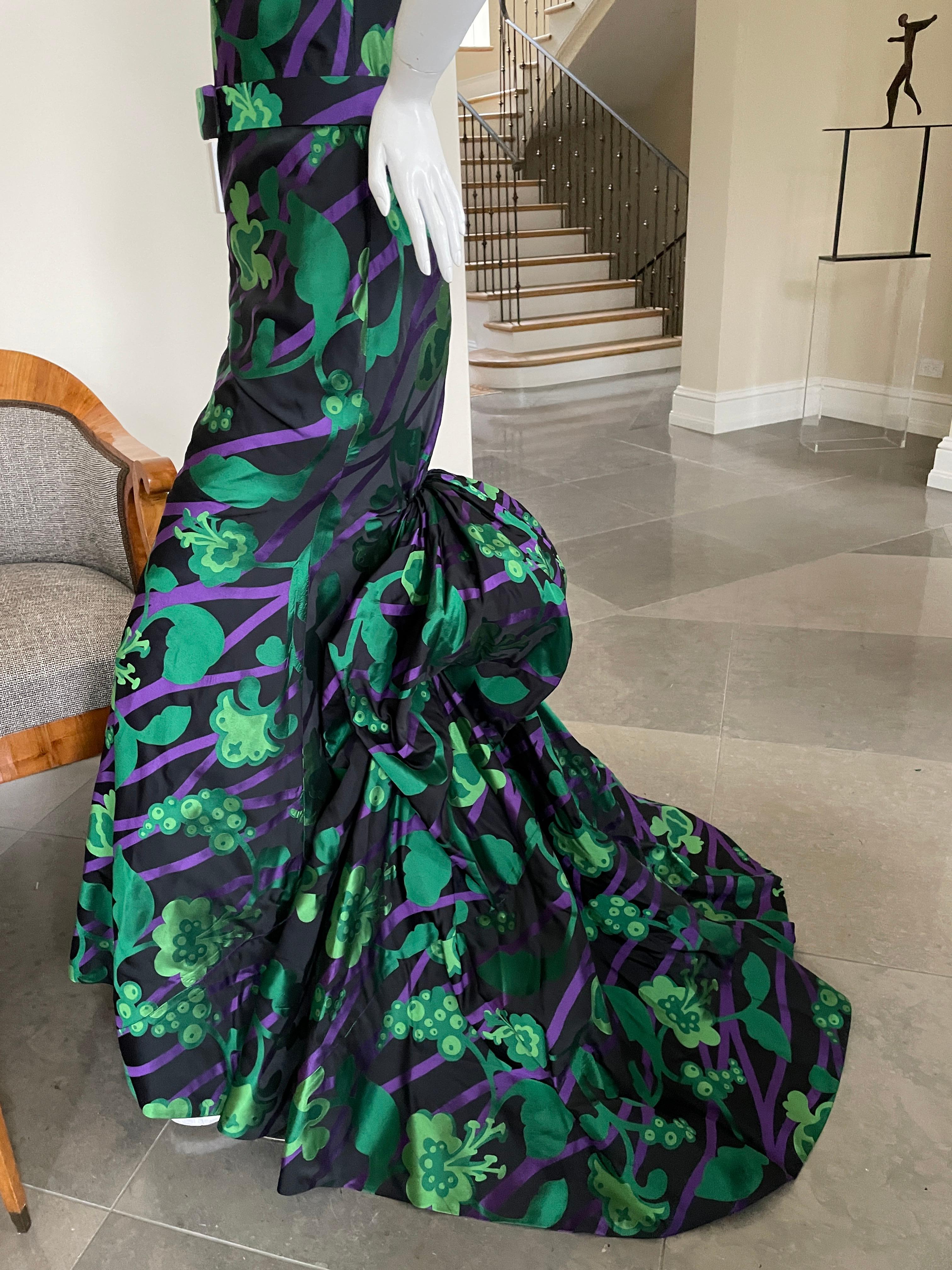 Oscar de la Renta Vintage Floral Evening Dress with Grand Mermaid Train and Belt For Sale 1