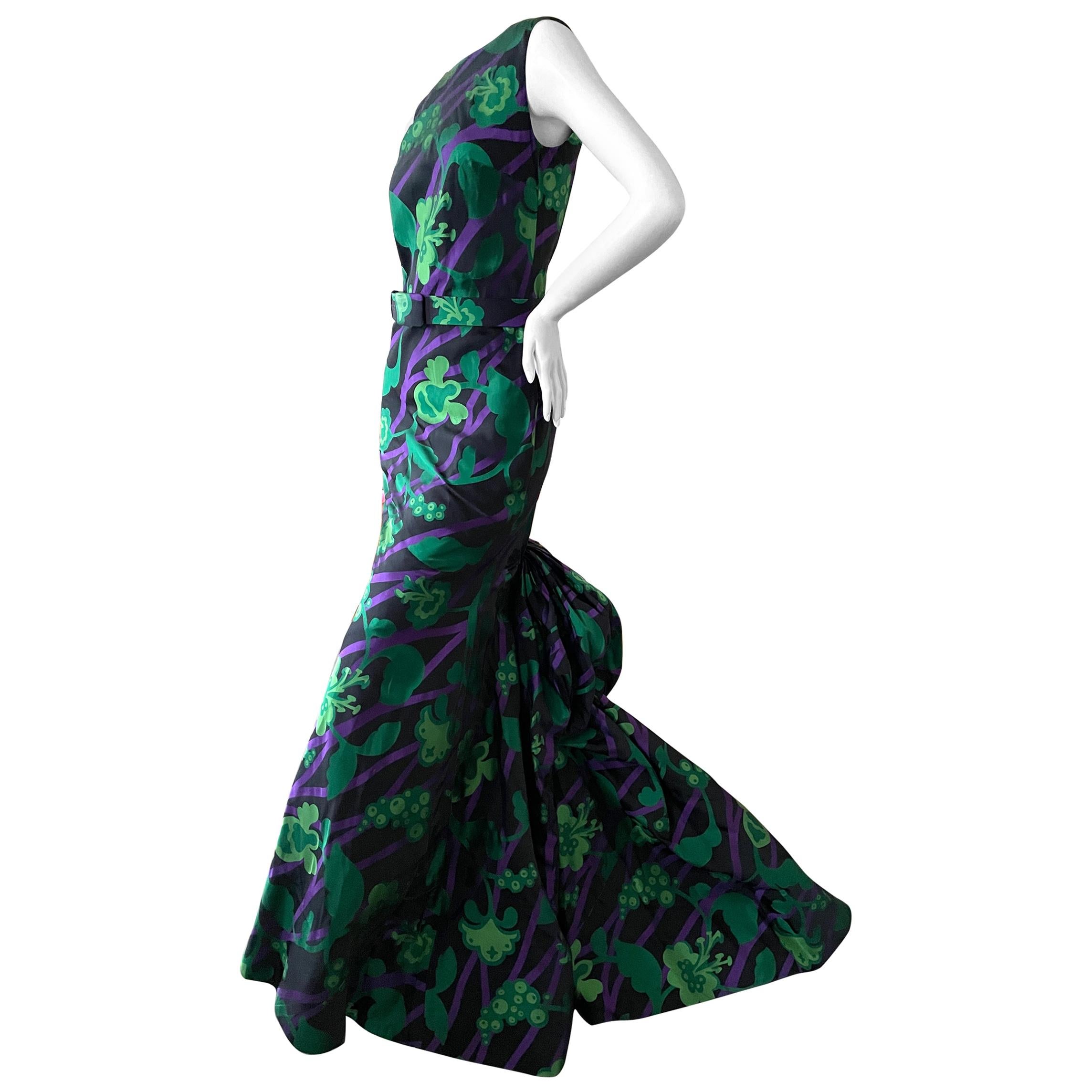 Oscar de la Renta Vintage Floral Evening Dress with Grand Mermaid Train and Belt For Sale