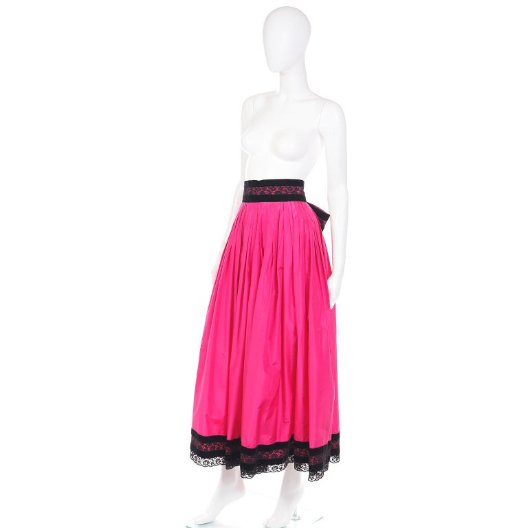 Oscar de la Renta Vintage Hot Pink Maxi Silk Taffeta Skirt w Black Lace Trim For Sale 1