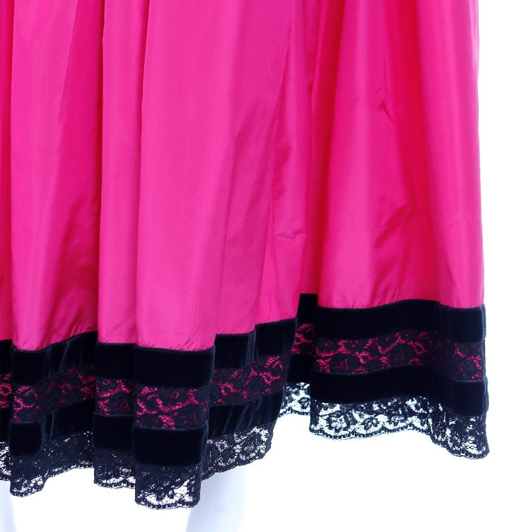 Oscar de la Renta Vintage Hot Pink Maxi Silk Taffeta Skirt w Black Lace Trim For Sale 4