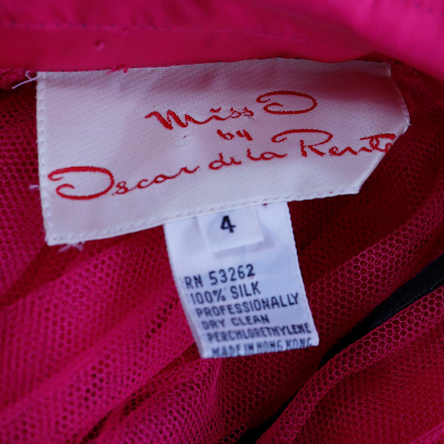 Oscar de la Renta Vintage Hot Pink Maxi Silk Taffeta Skirt w Black Lace Trim For Sale 2