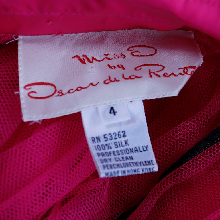 Oscar de la Renta Vintage Hot Pink Maxi Silk Taffeta Skirt w Black Lace Trim For Sale 5
