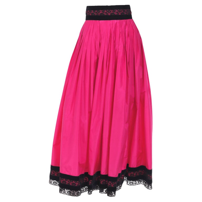 Oscar de la Renta Vintage Hot Pink Maxi Silk Taffeta Skirt w Black Lace Trim For Sale