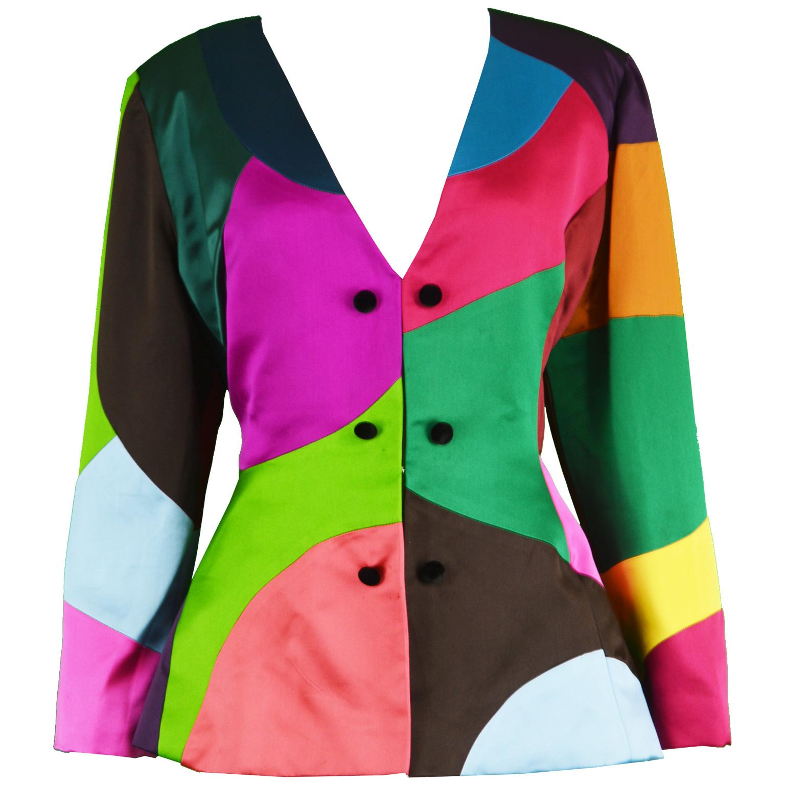 Oscar de la Renta Vintage Multicolored Color Block Satin Jacket, A/W 1991 For Sale