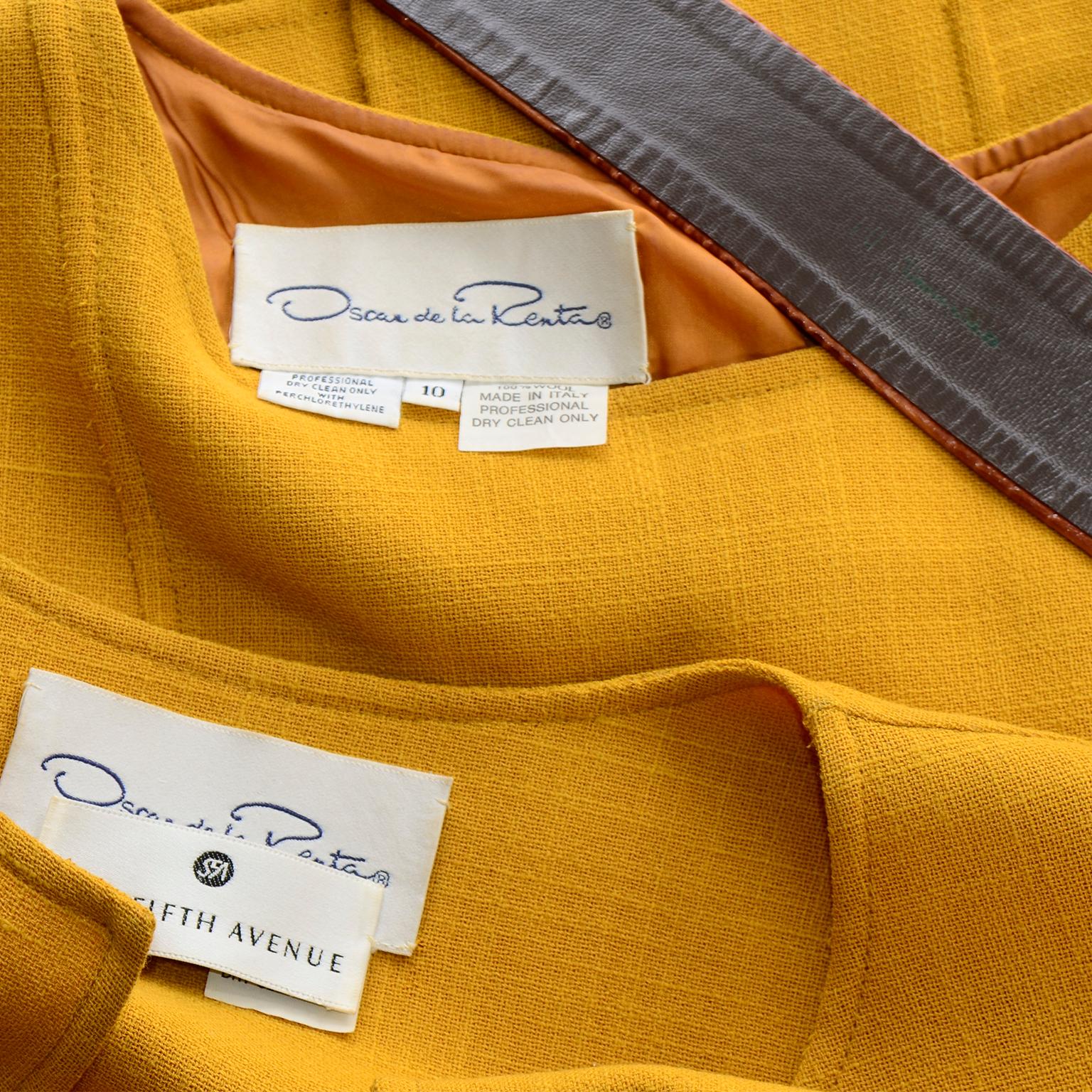 Oscar de la Renta Vintage Mustard Yellow Dress and Jacket Suit with Belt For Sale 6