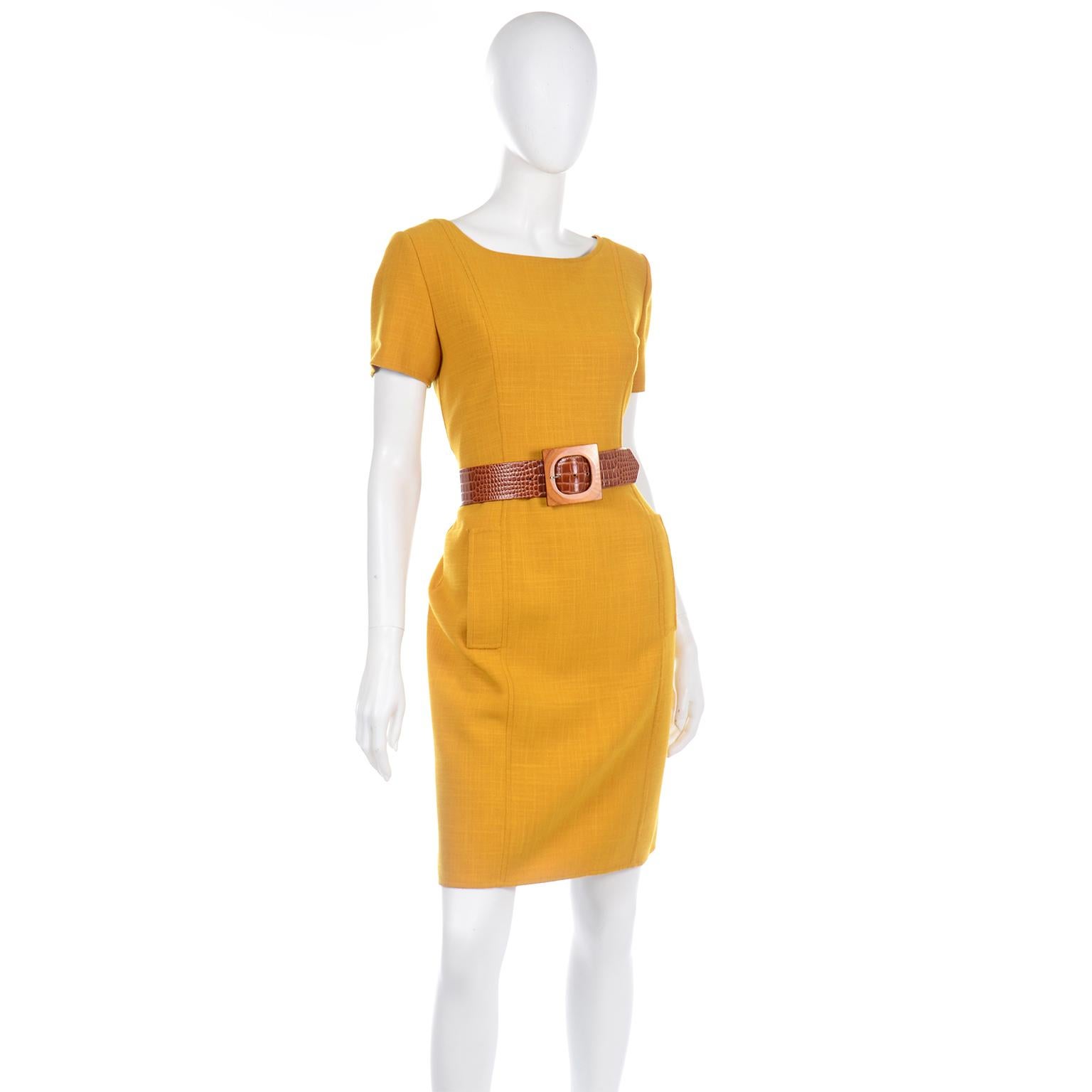 Oscar de la Renta Vintage Mustard Yellow Dress and Jacket Suit with Belt In Excellent Condition For Sale In Portland, OR