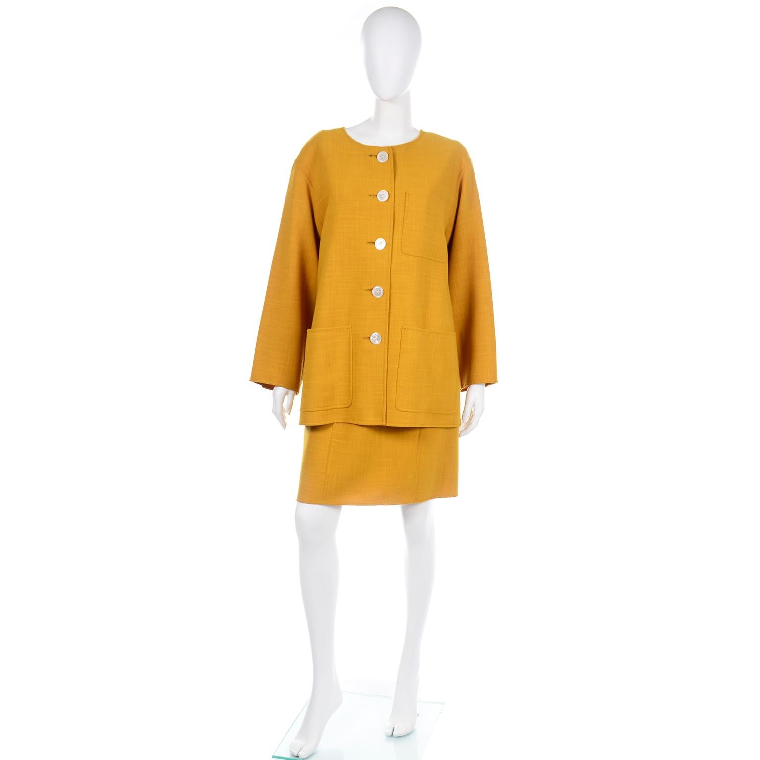 Women's Oscar de la Renta Vintage Mustard Yellow Dress and Jacket Suit with Belt For Sale