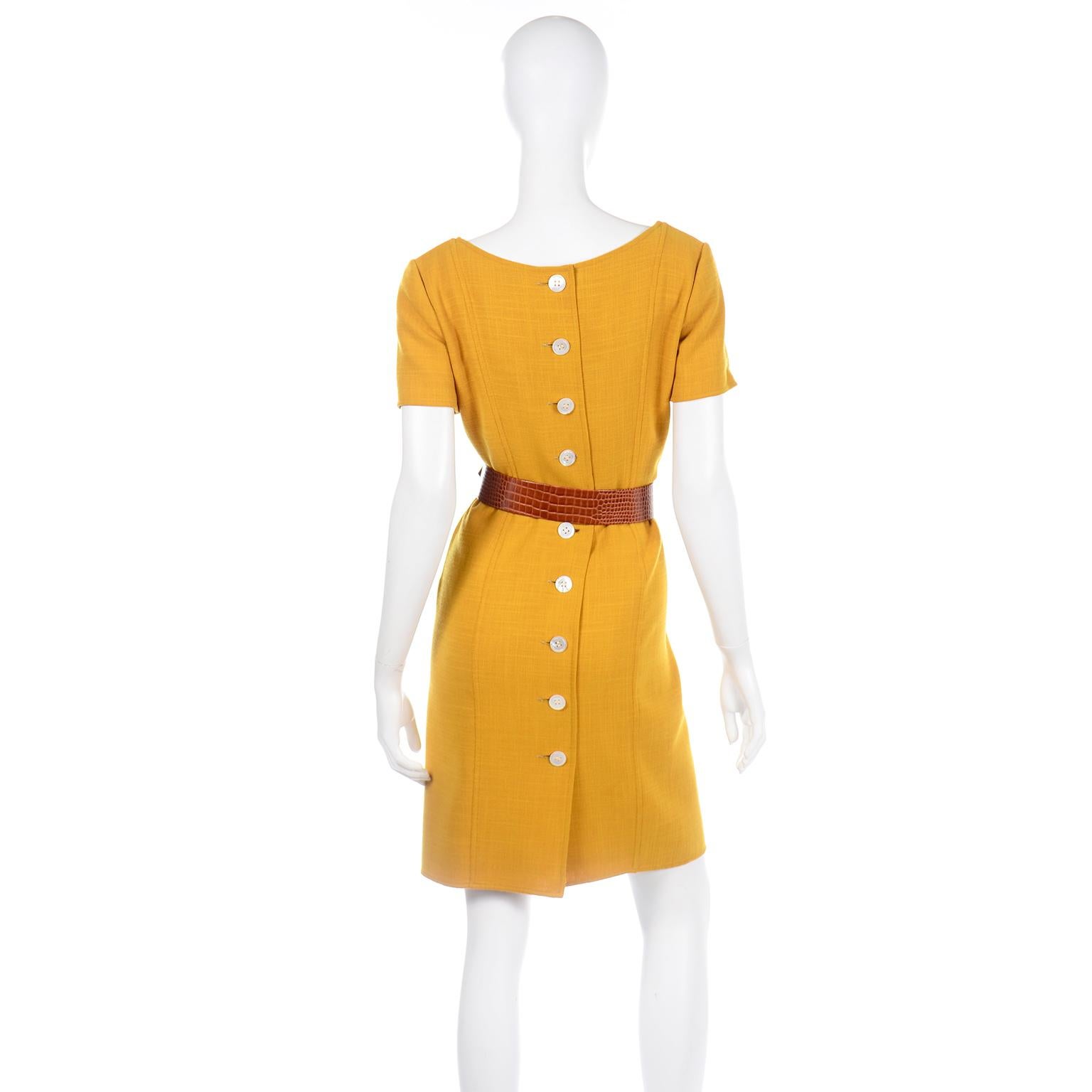 Oscar de la Renta Vintage Mustard Yellow Dress and Jacket Suit with Belt For Sale 1