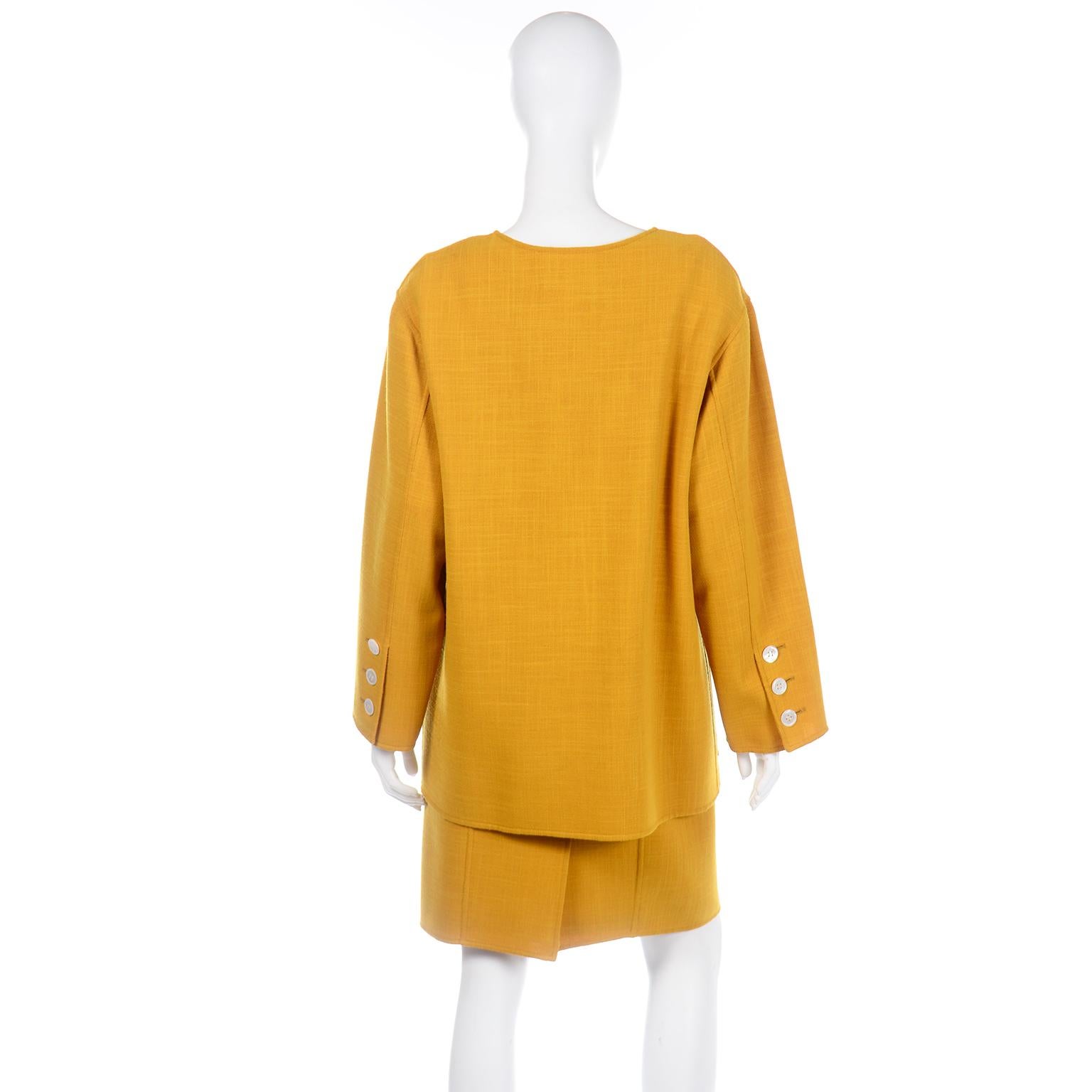 Oscar de la Renta Vintage Mustard Yellow Dress and Jacket Suit with Belt For Sale 2