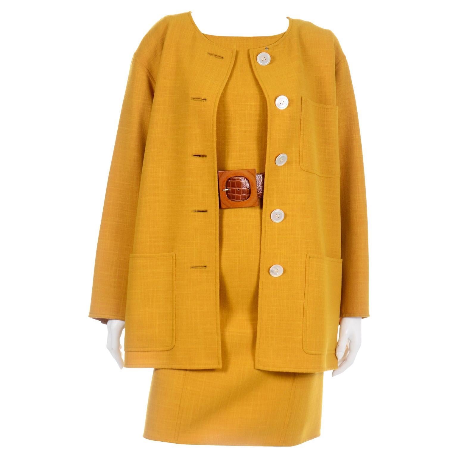 Oscar de la Renta Vintage Mustard Yellow Dress and Jacket Suit with Belt