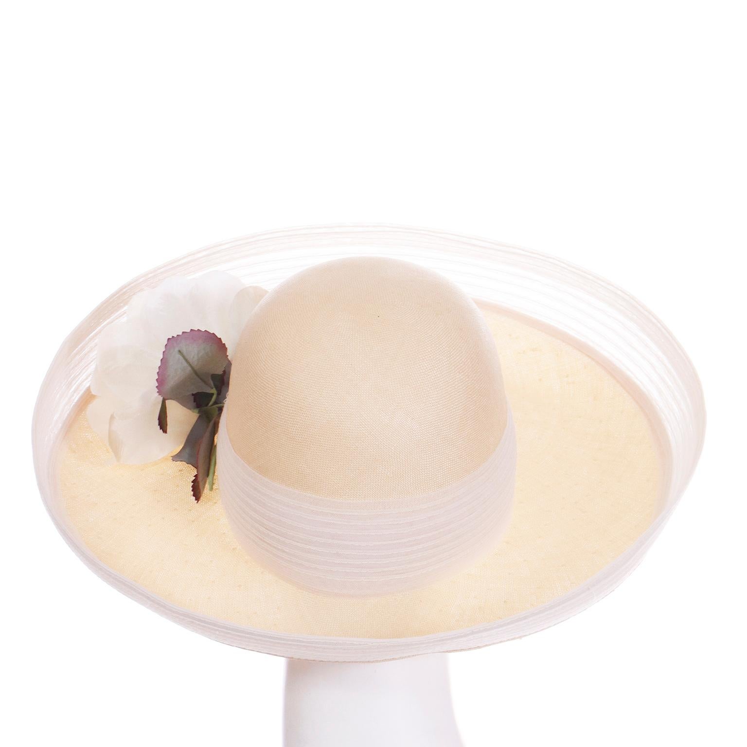 White Oscar de la Renta Vintage Natural Straw Hat with Flower and Mesh Trim