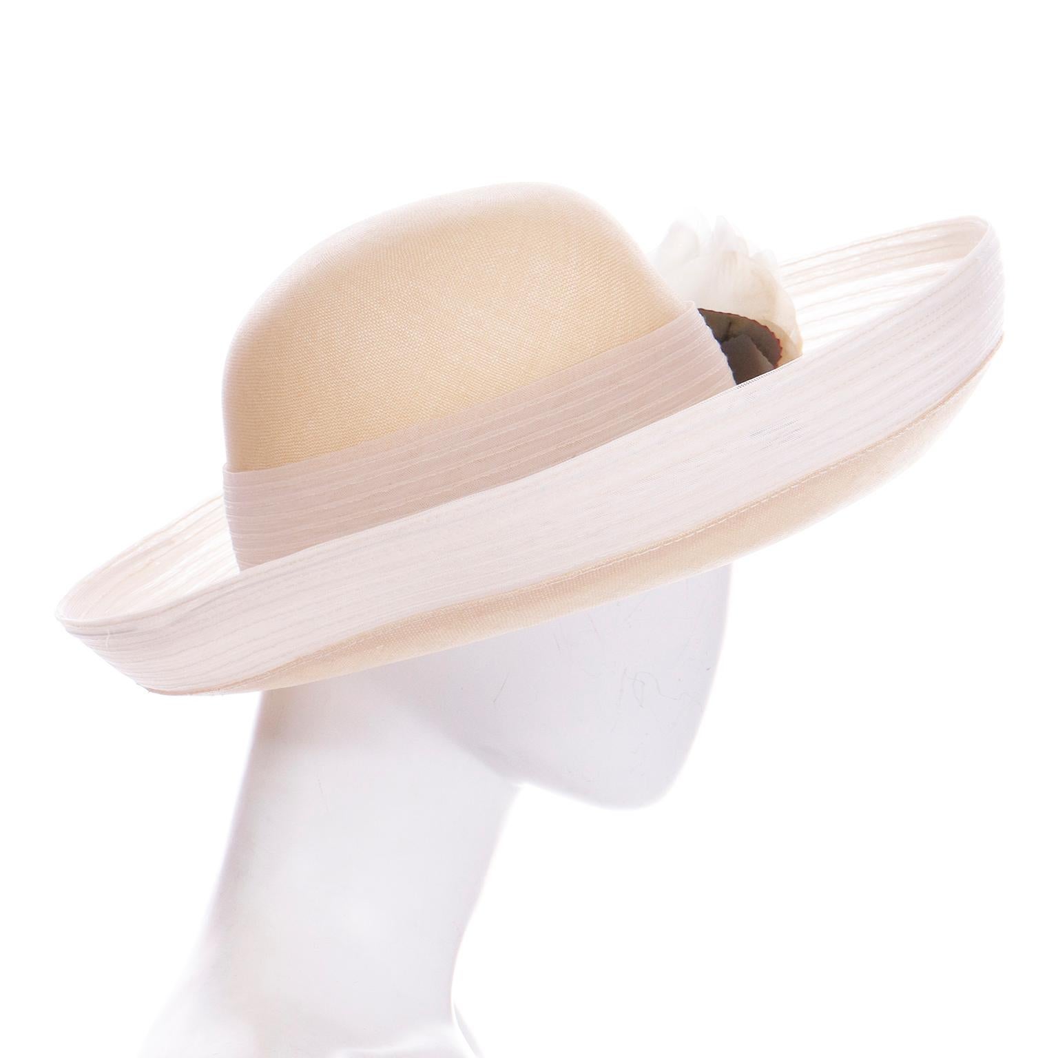 Women's Oscar de la Renta Vintage Natural Straw Hat with Flower and Mesh Trim