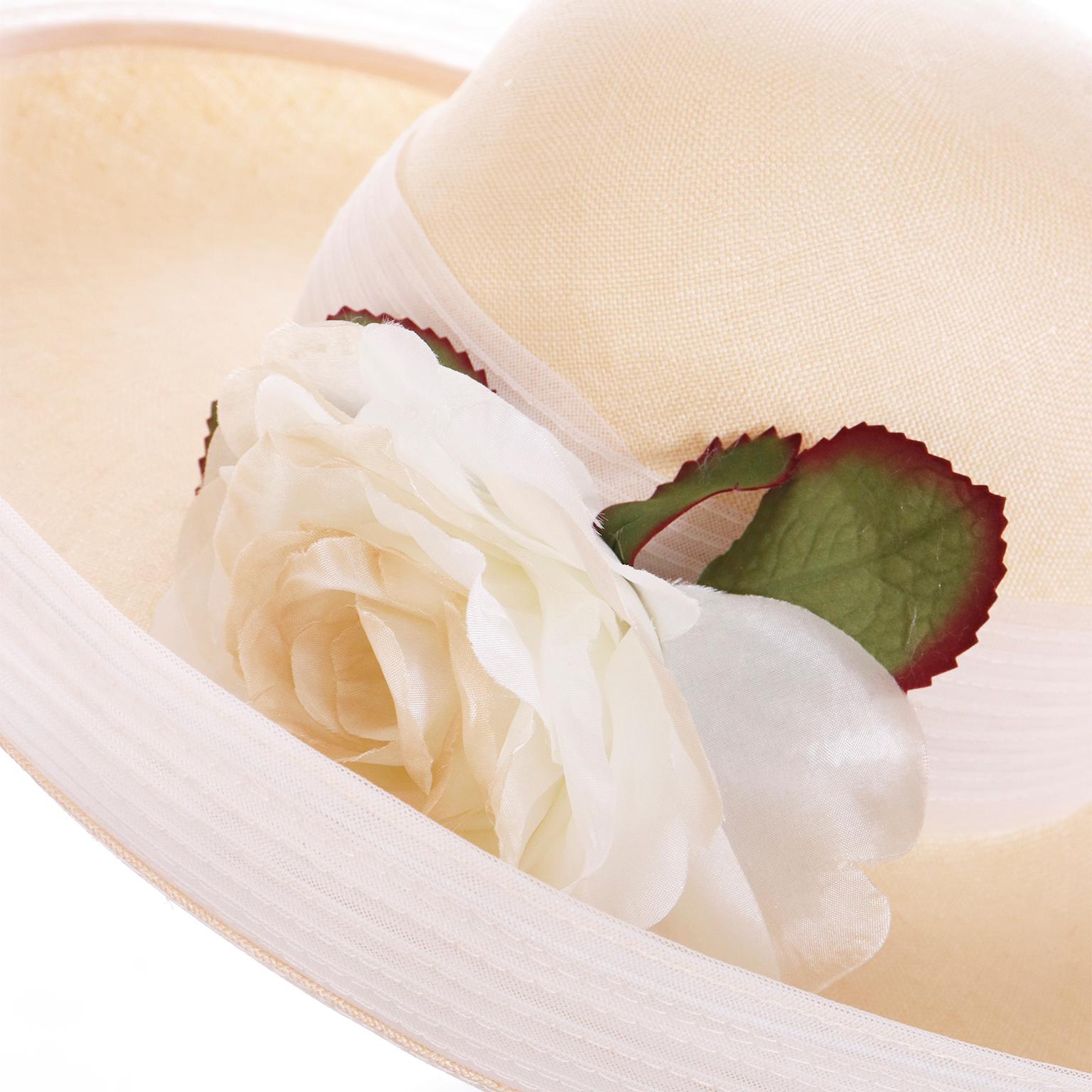Oscar de la Renta Vintage Natural Straw Hat with Flower and Mesh Trim 1