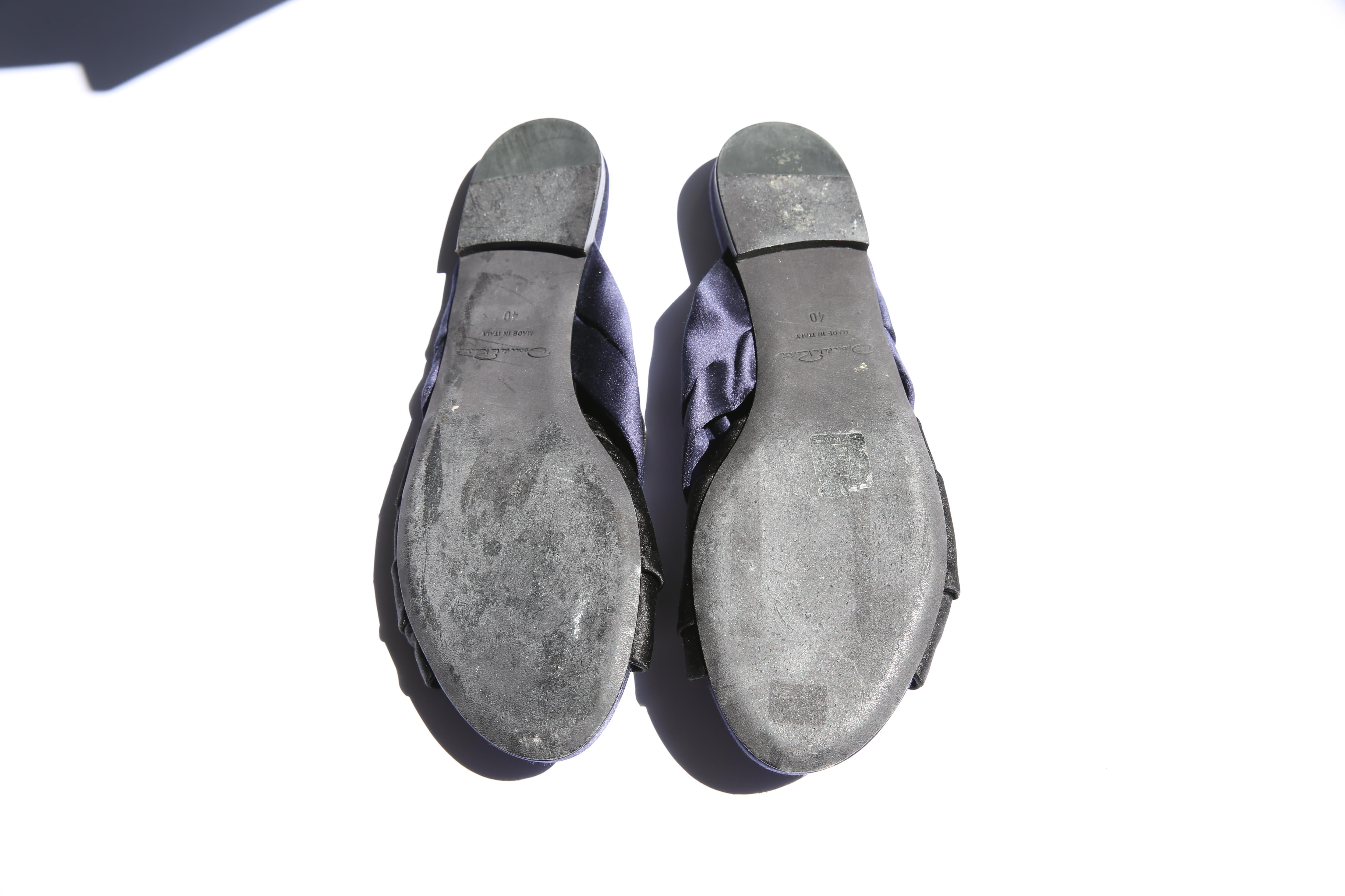 Gray Oscar de la Renta vintage navy blue black satin bow knot slides flats sandals 40
