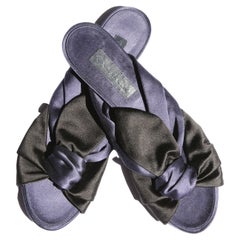 Oscar de la Renta vintage navy blue black satin bow knot slides flats sandals 40