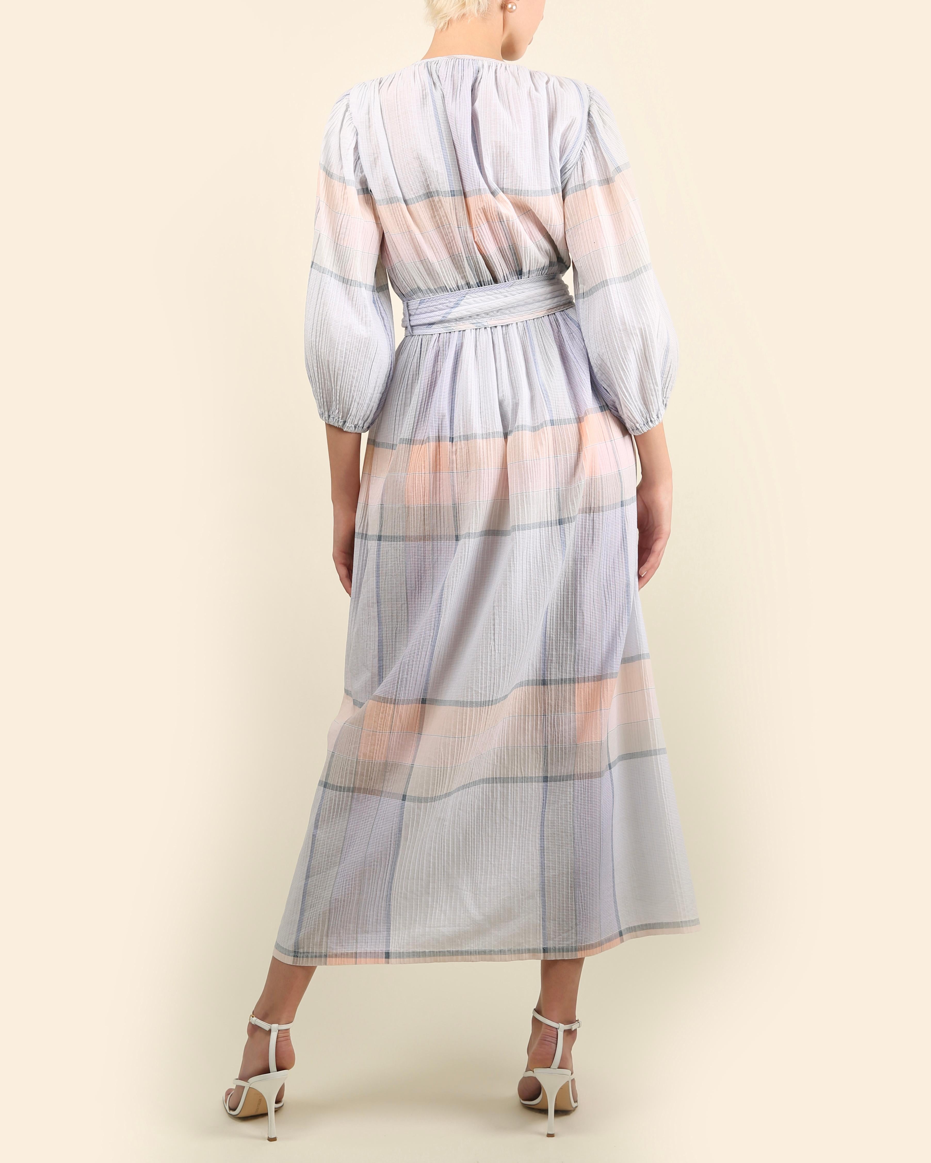 Oscar de la Renta vintage puff sleeve prairie plisse wrap belted maxi dress robe For Sale 7