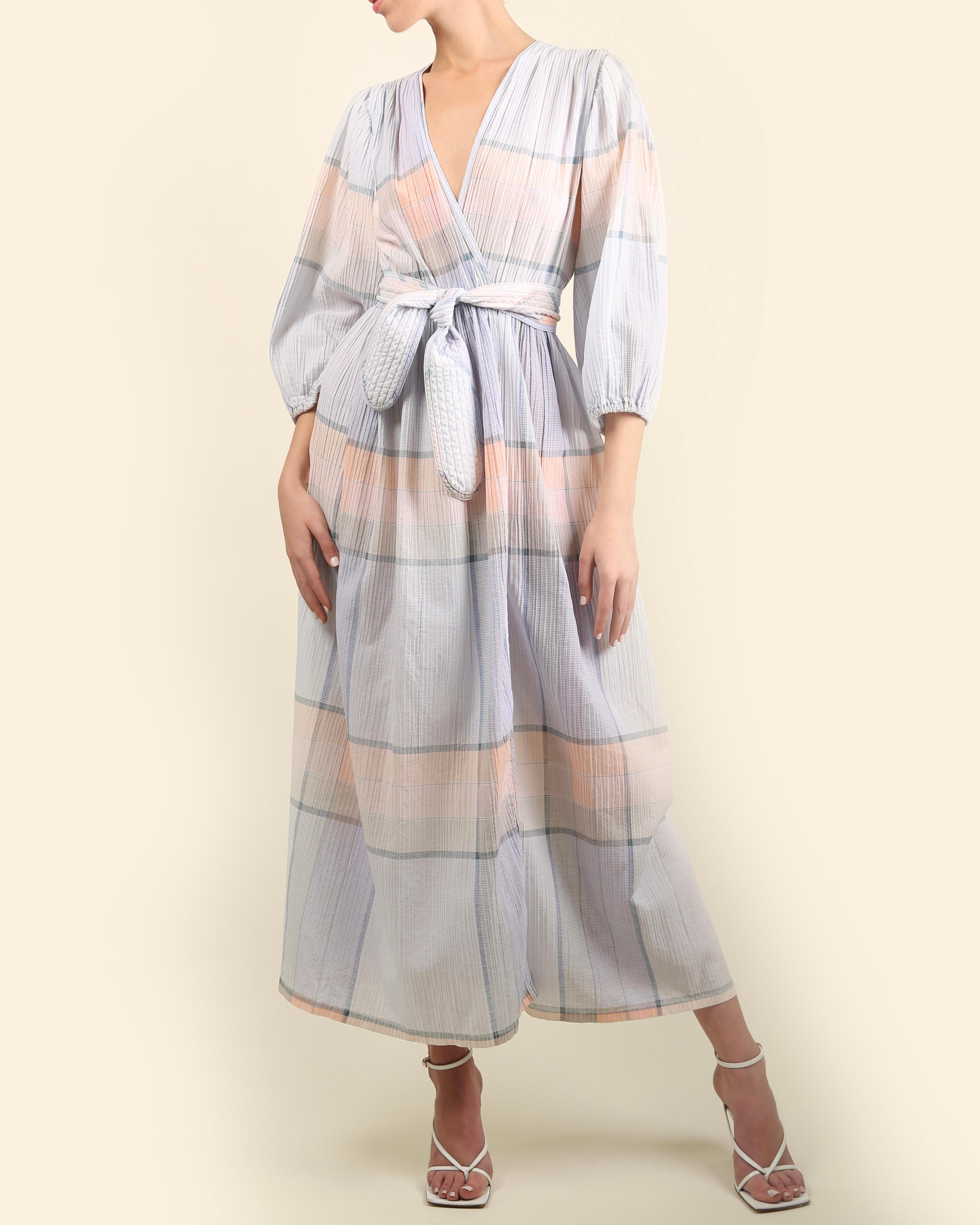 Oscar de la Renta vintage puff sleeve prairie plisse wrap belted maxi dress robe In Good Condition For Sale In Paris, FR