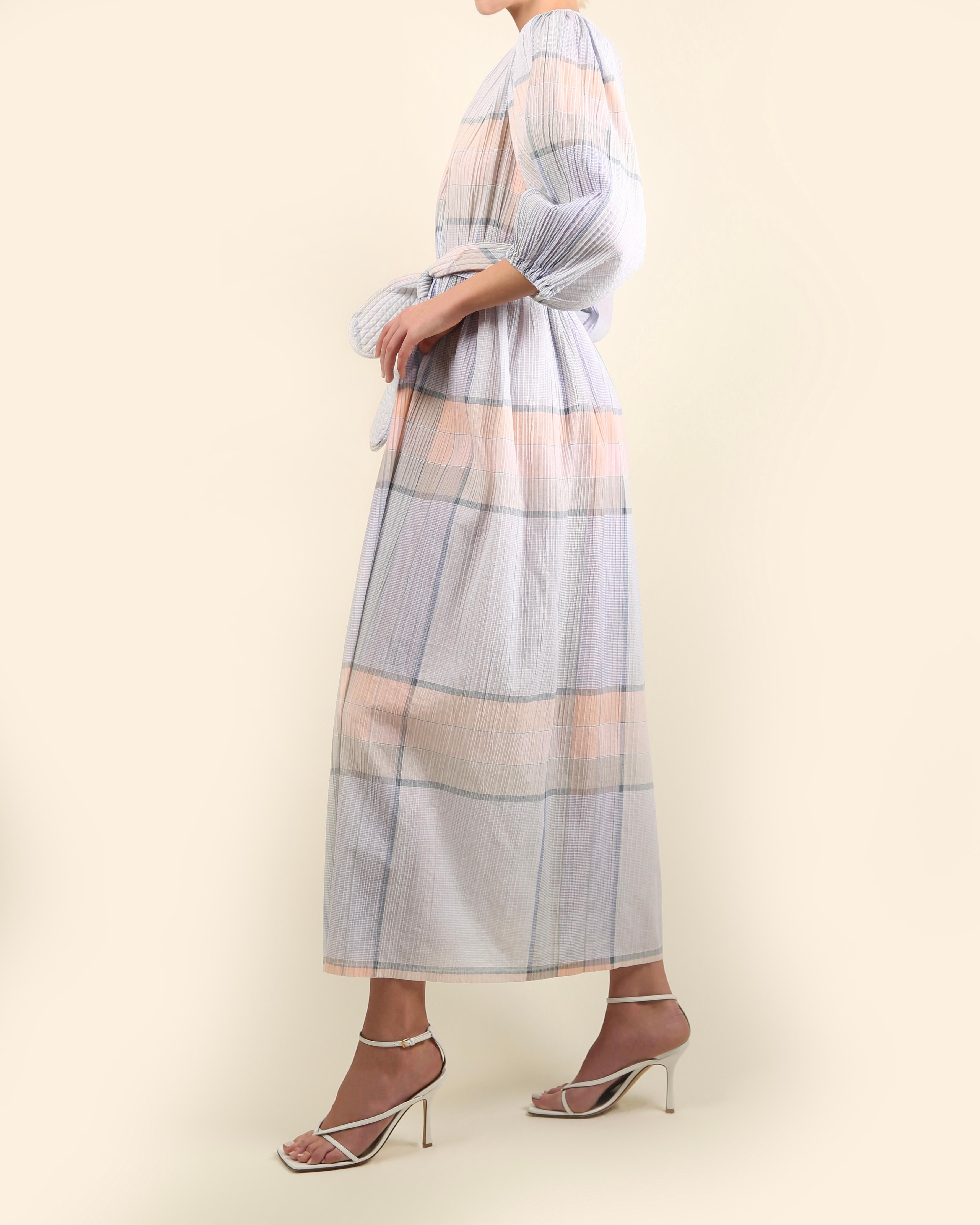 Oscar de la Renta vintage puff sleeve prairie plisse wrap belted maxi dress robe For Sale 3