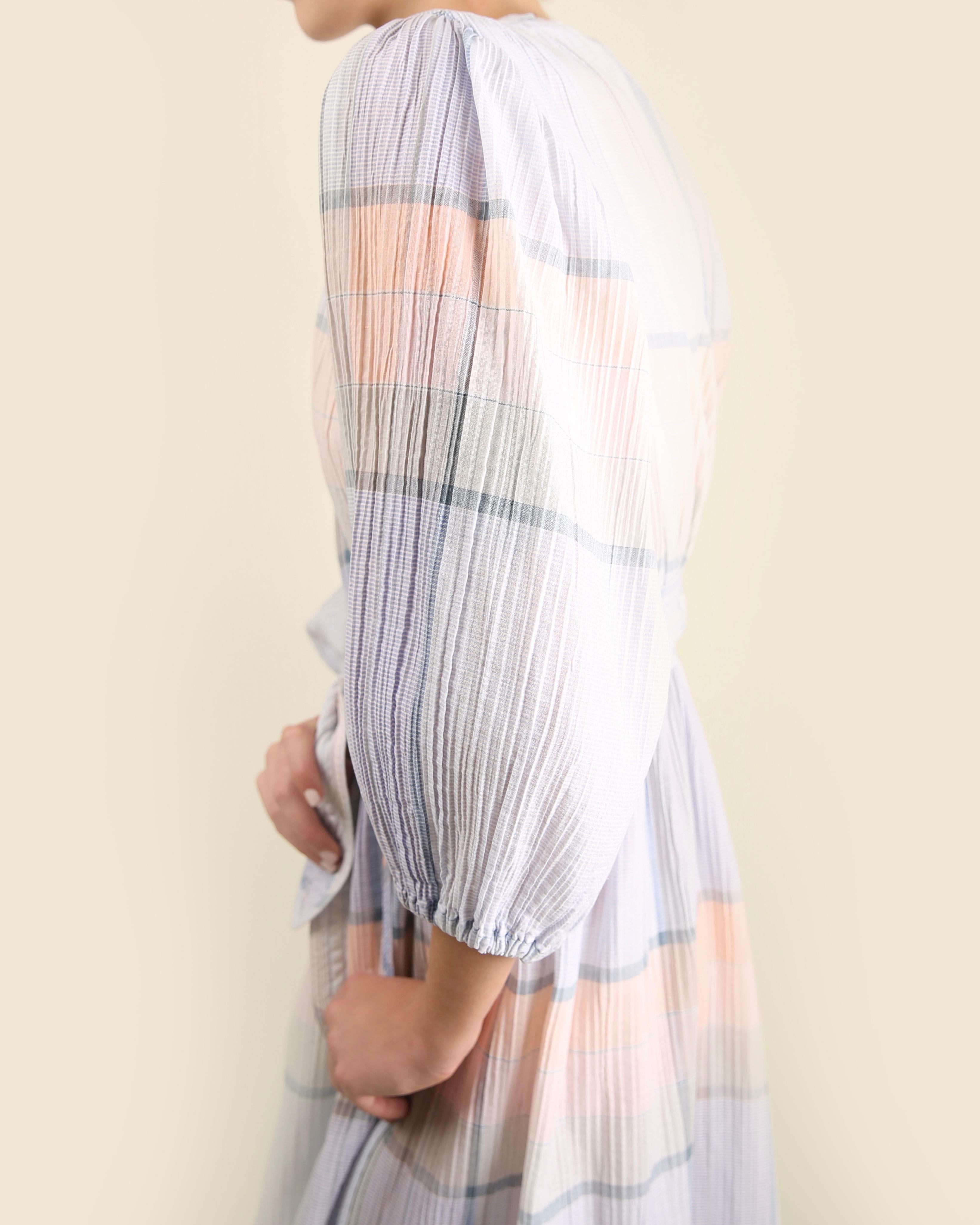 Oscar de la Renta vintage puff sleeve prairie plisse wrap belted maxi dress robe For Sale 5