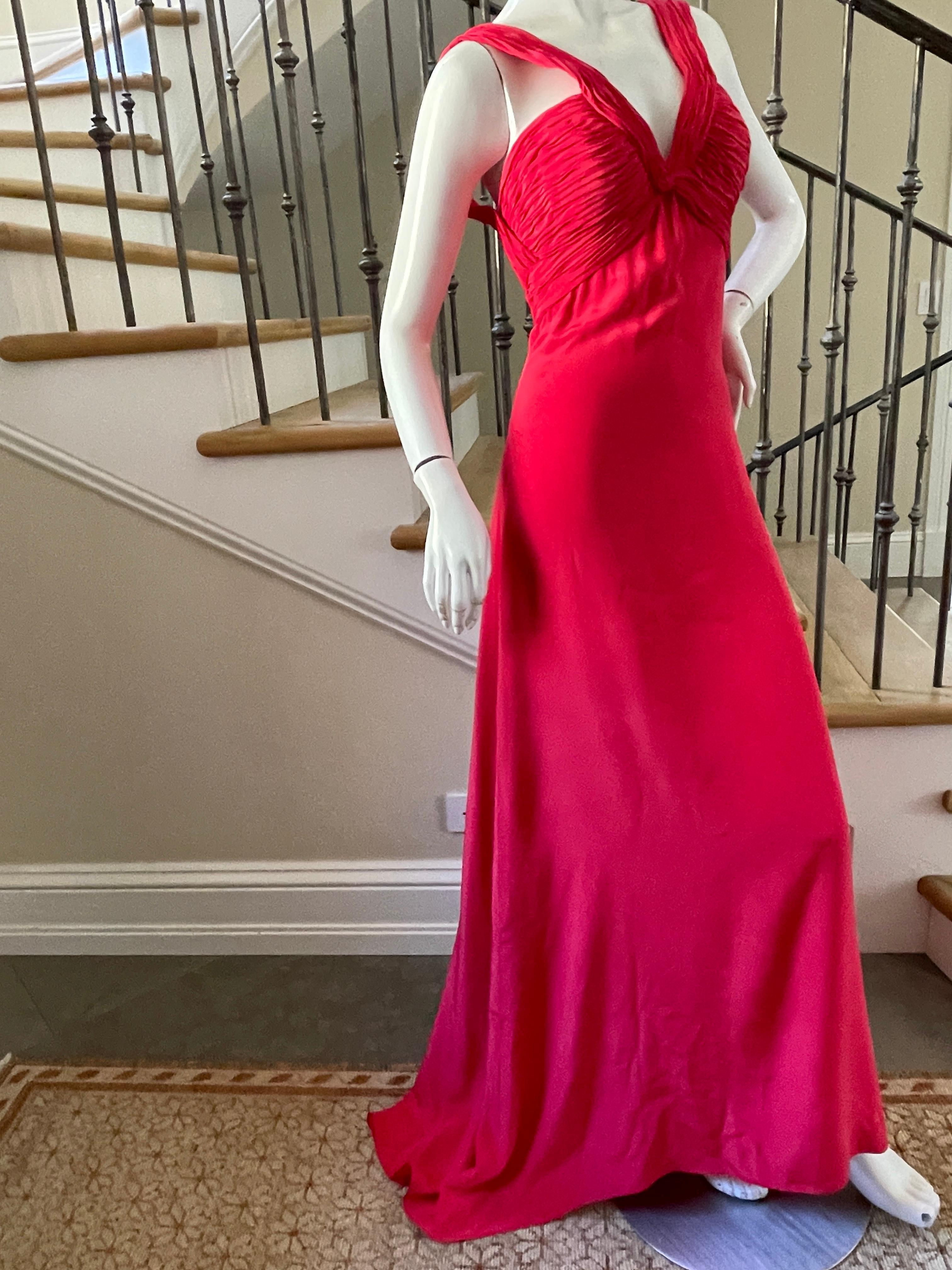 Oscar de la Renta VIntage Red Silk Evening Dress with Pleated Plunging Neckline In Good Condition In Cloverdale, CA