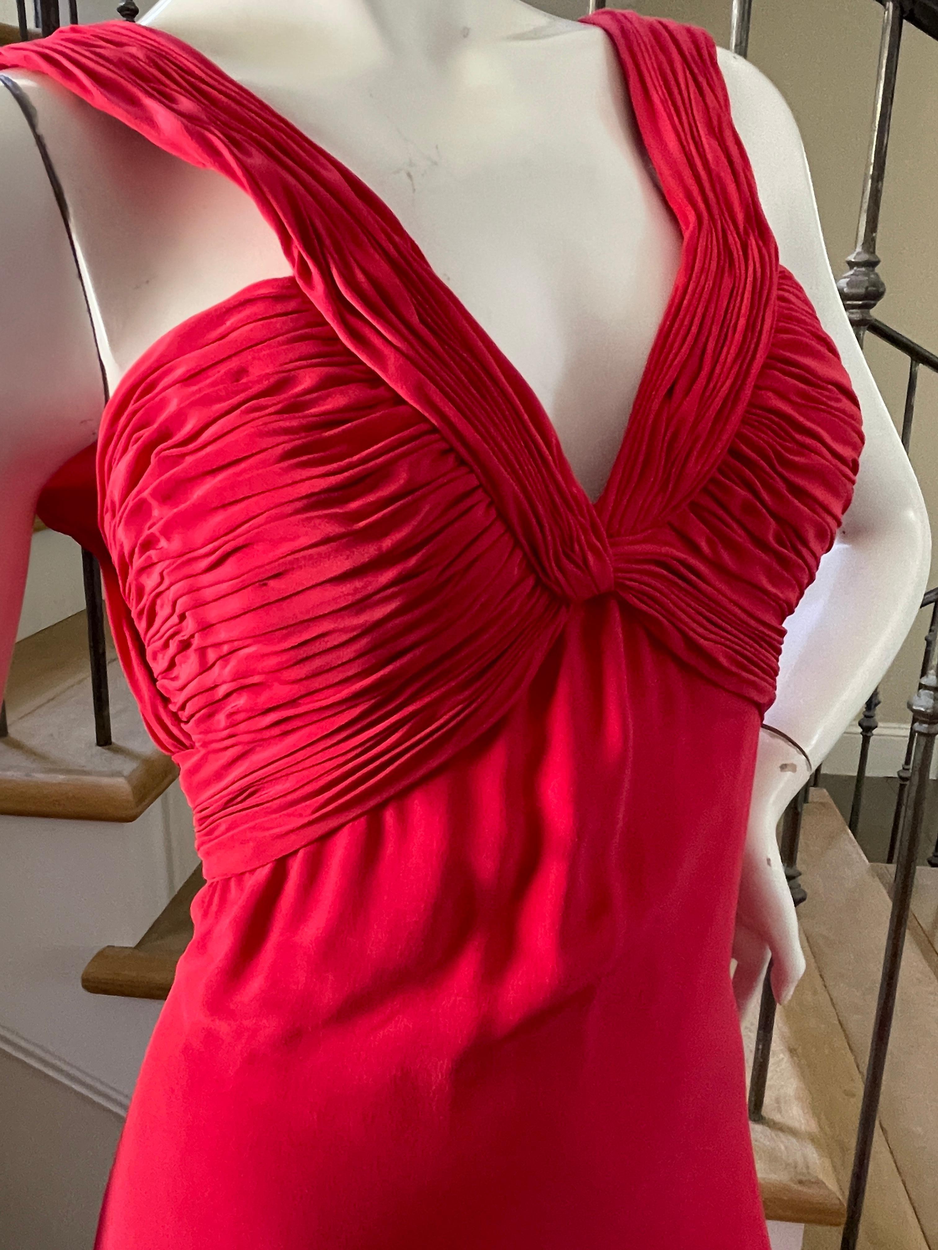 Women's Oscar de la Renta VIntage Red Silk Evening Dress with Pleated Plunging Neckline