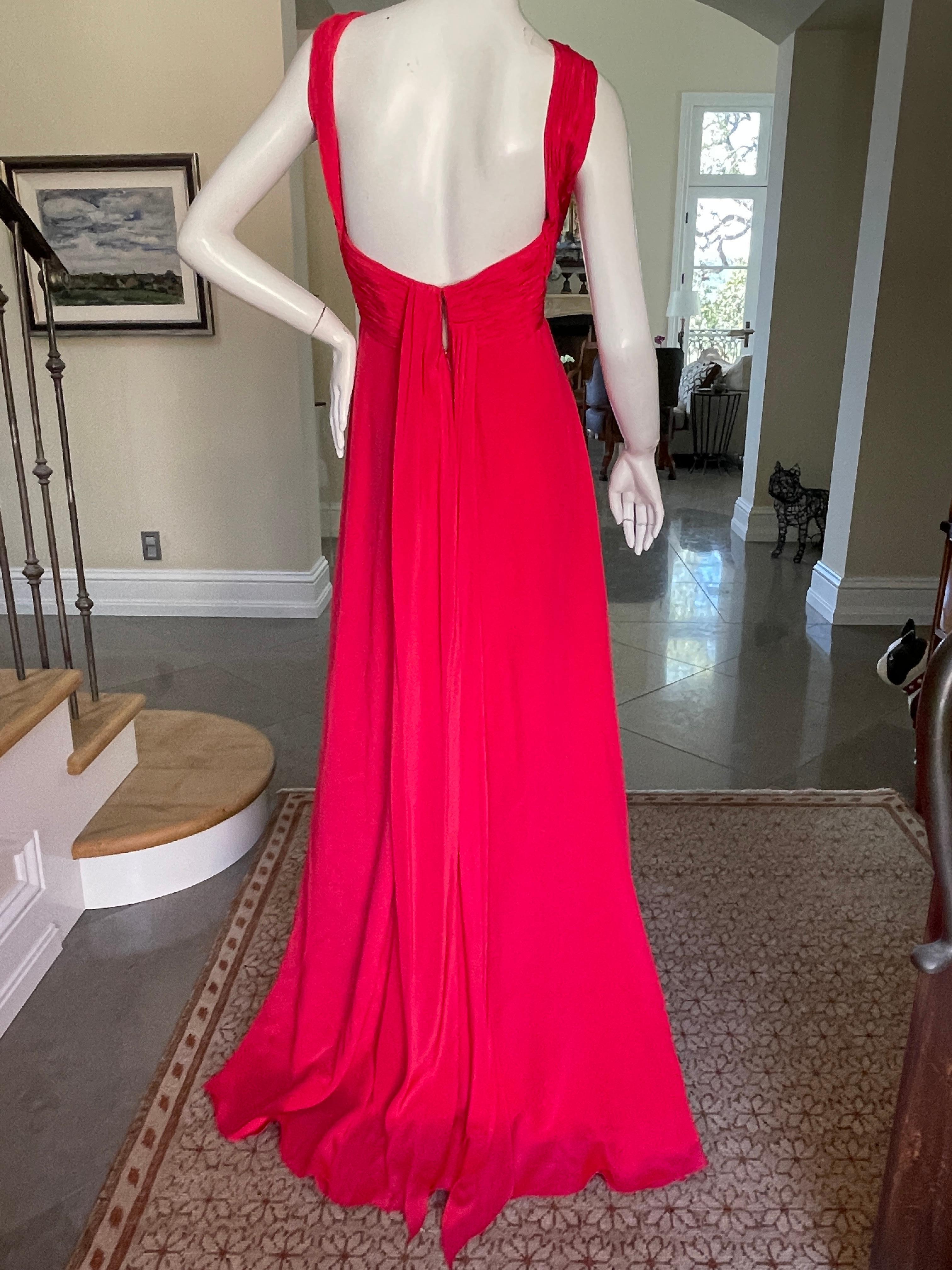 Oscar de la Renta VIntage Red Silk Evening Dress with Pleated Plunging Neckline 1