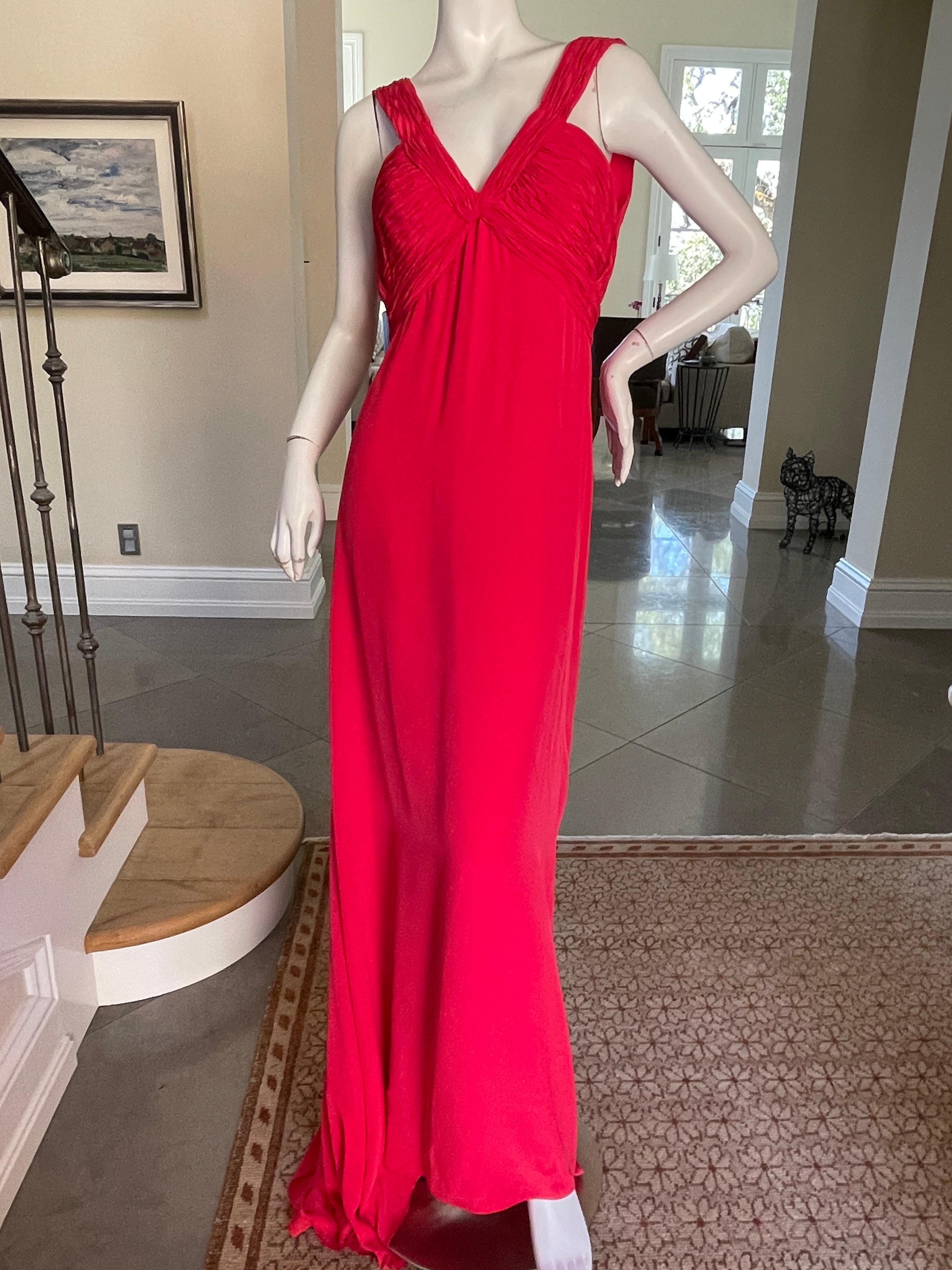 Oscar de la Renta VIntage Red Silk Evening Dress with Pleated Plunging Neckline 2