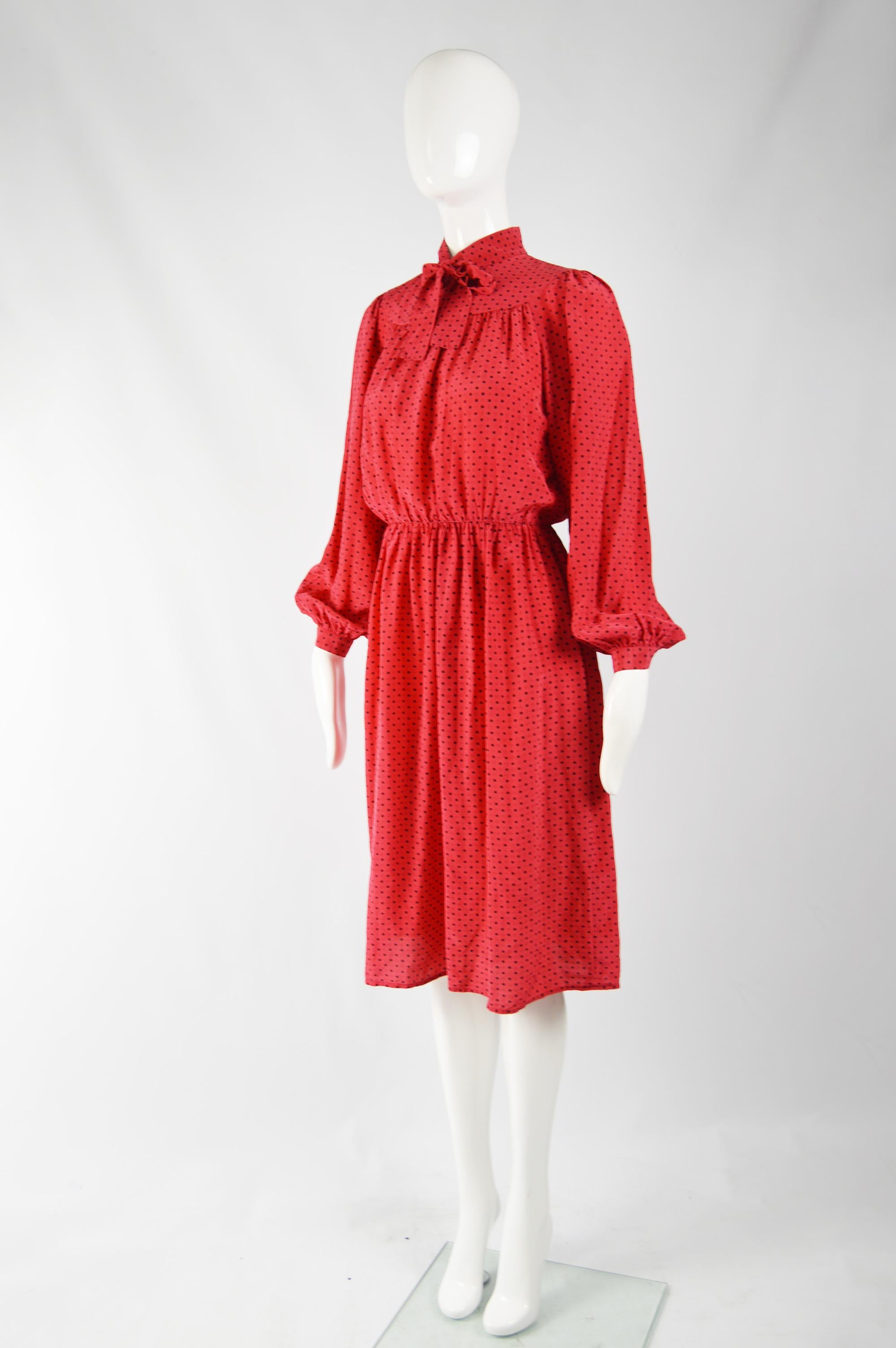 Oscar de la Renta Vintage Red Silk Puffed Sleeve Dress For Sale 1