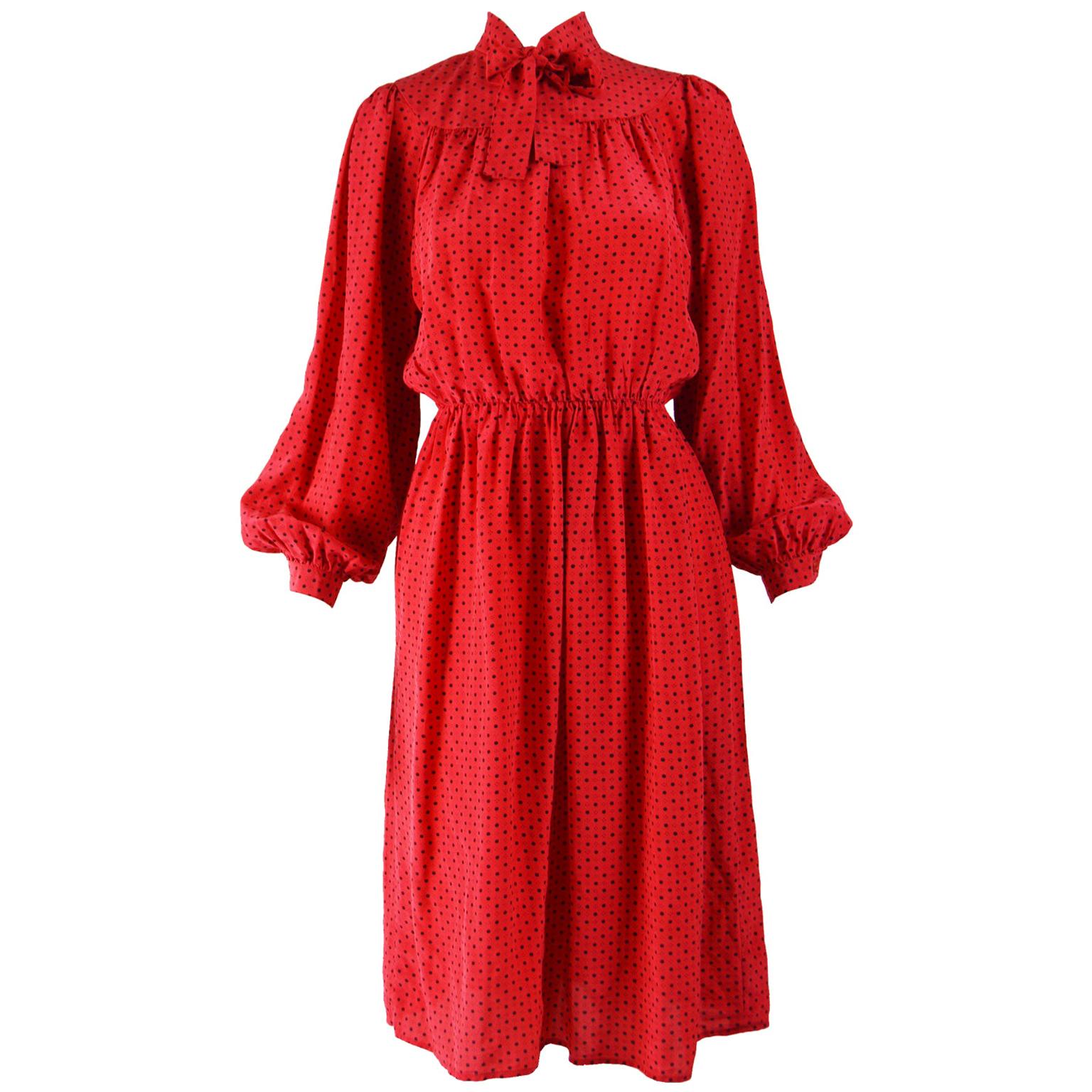 Oscar de la Renta Vintage Red Silk Puffed Sleeve Dress For Sale