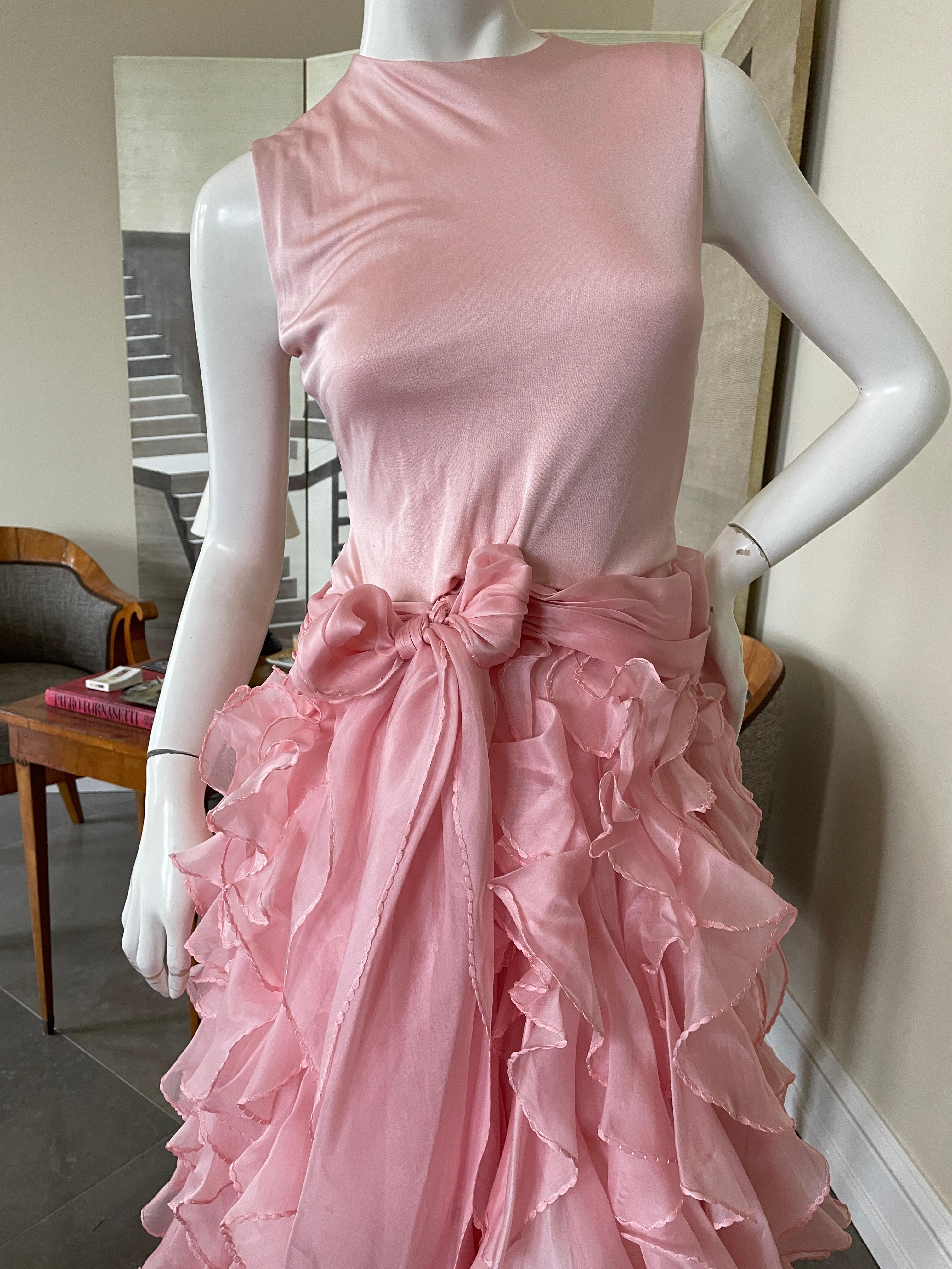 Brown Oscar de la Renta Vintage Ruffled Pink Evening Dress with Flamenco Style Skirt For Sale