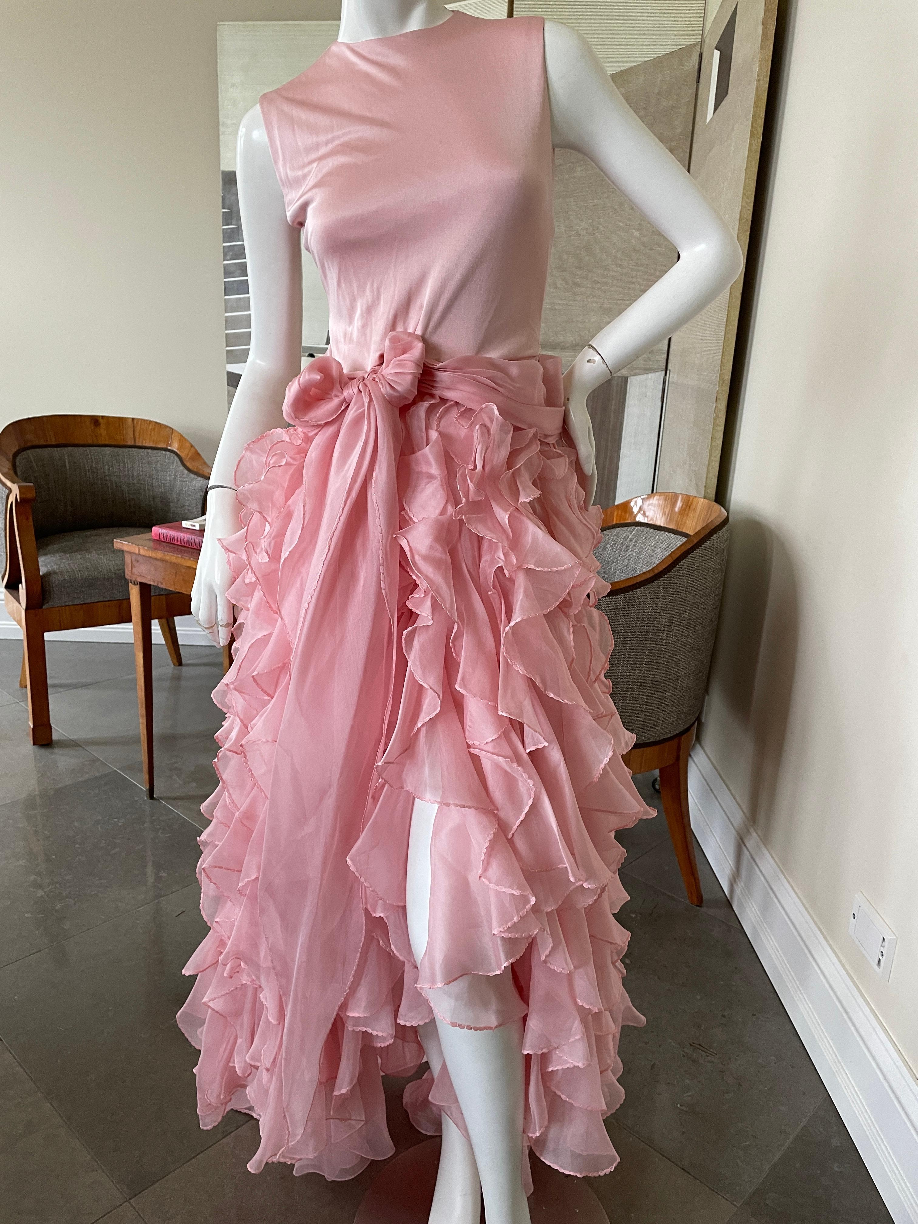 Oscar de la Renta Vintage Ruffled Pink Evening Dress with Flamenco Style Skirt In Good Condition For Sale In Cloverdale, CA
