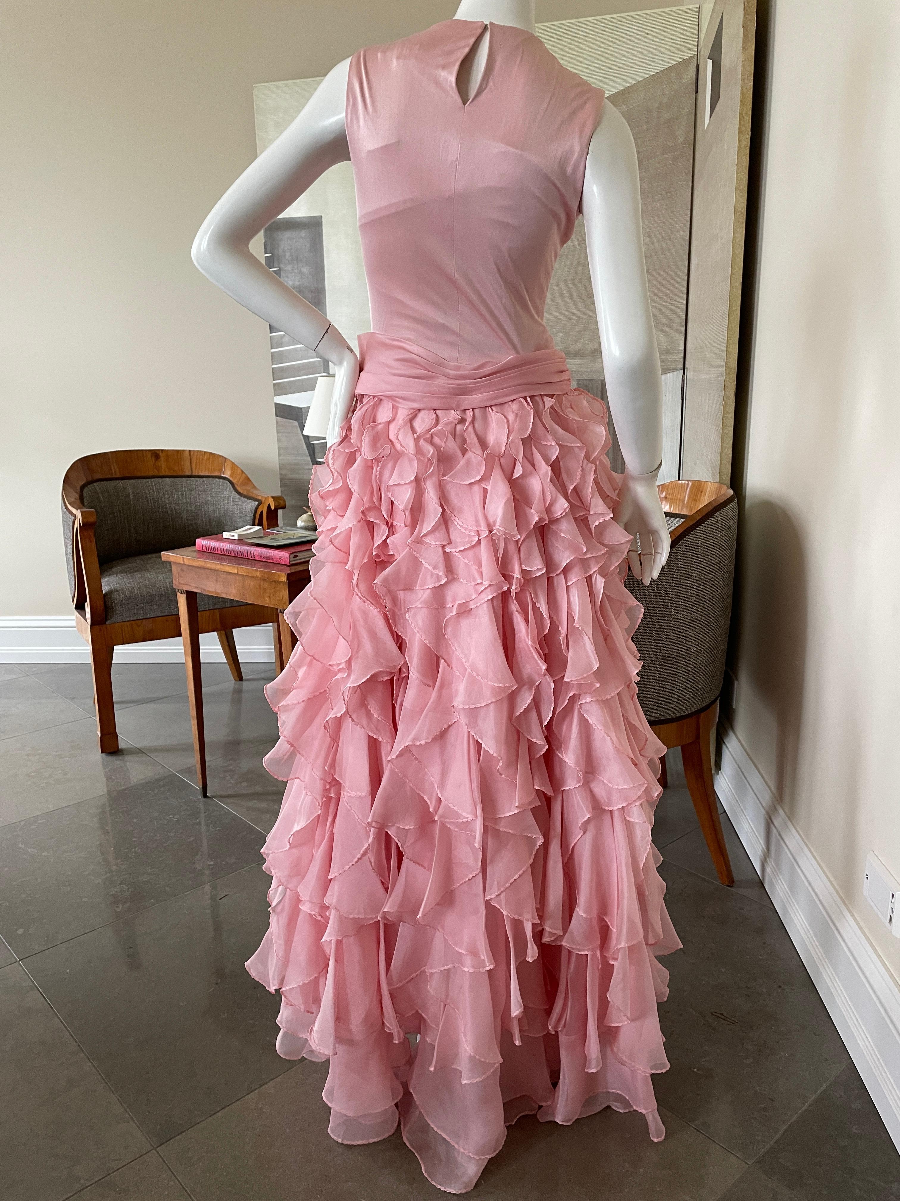 Oscar de la Renta Vintage Ruffled Pink Evening Dress with Flamenco Style Skirt For Sale 1