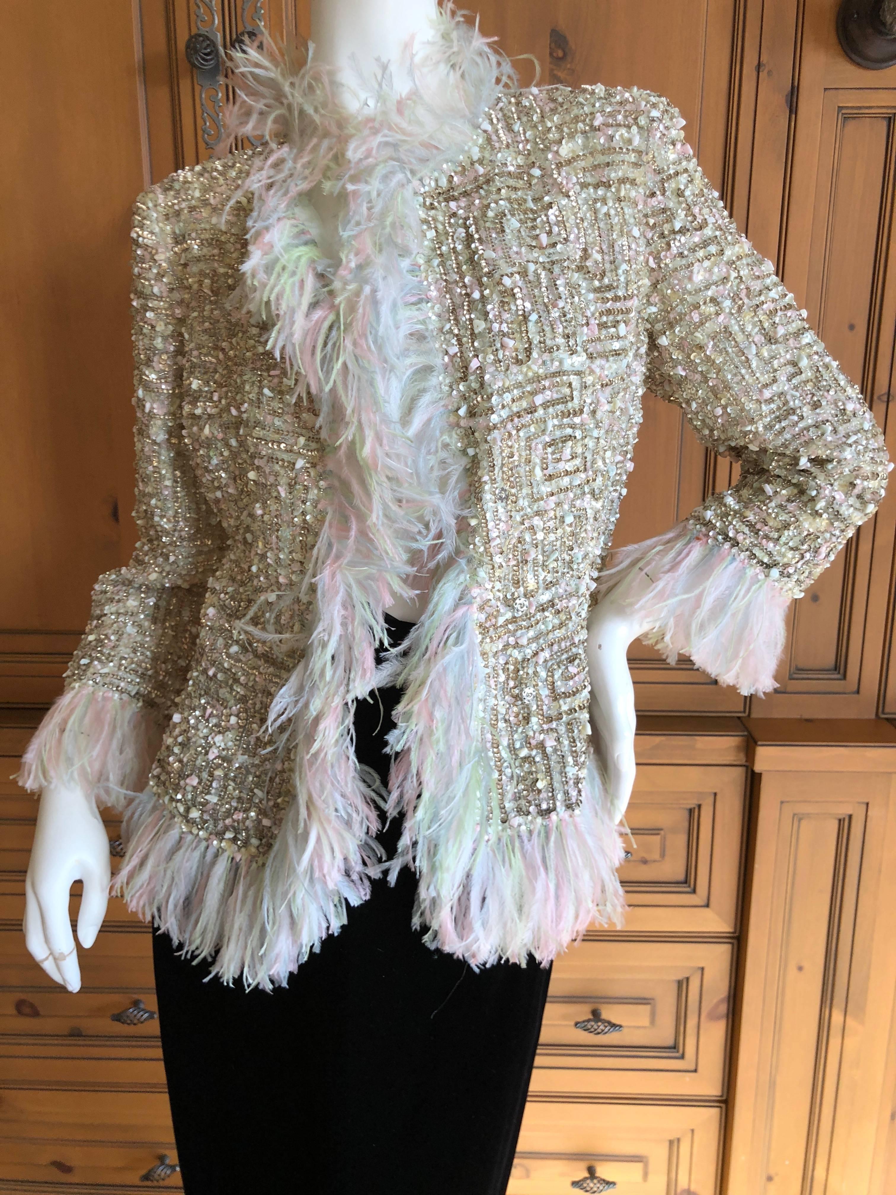 Oscar de la Renta Vintage Sequin Embellished Ostrich Feather Trim Evening Jacket 4