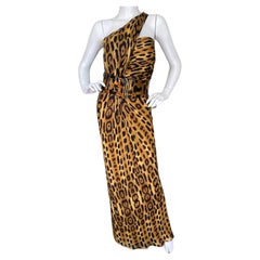 Oscar de la Renta Vintage Silk Leopard Print One Shoulder Evening Dress w Belt