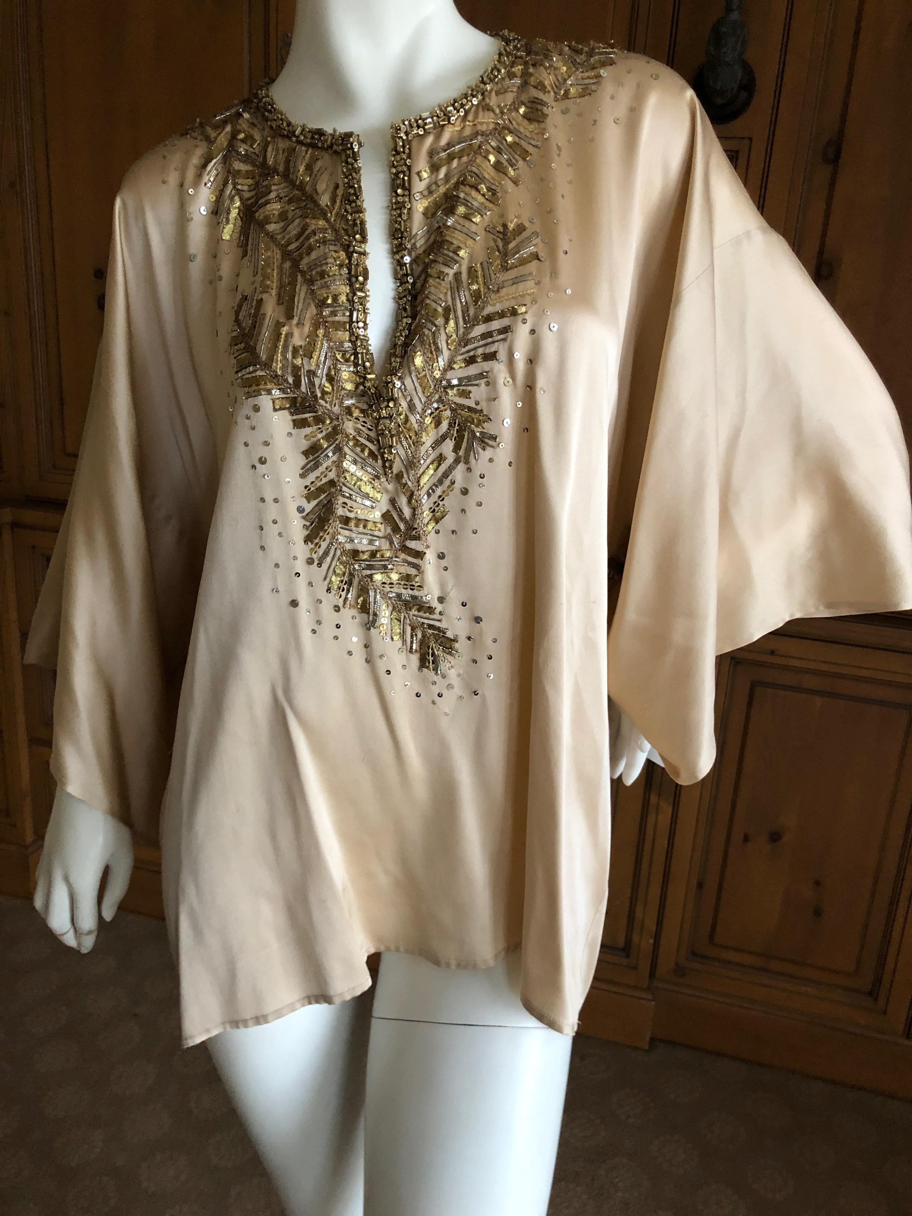 Women's Oscar de la Renta Vintage Silk Mini Caftan Top with Golden Embellishments 
