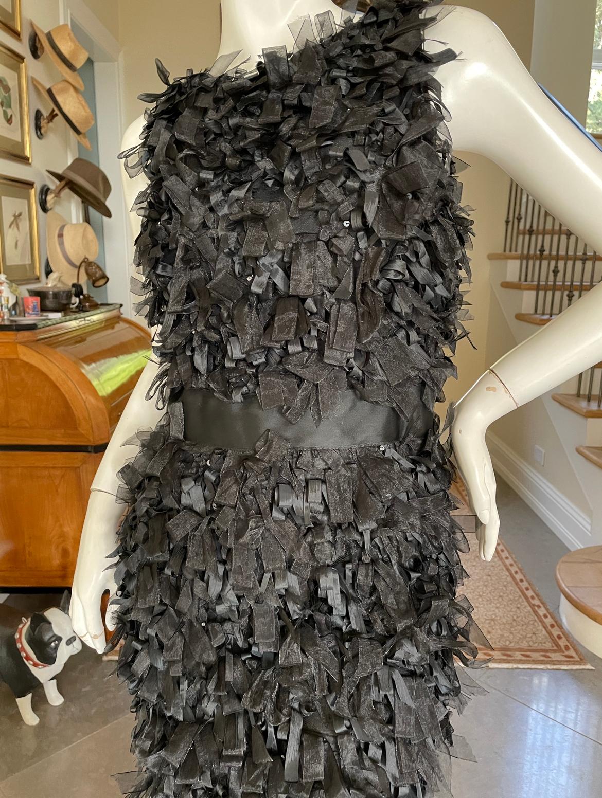 Oscar de la Renta Vintage Sleeveless Black Fringed Evening Dress For Sale 2