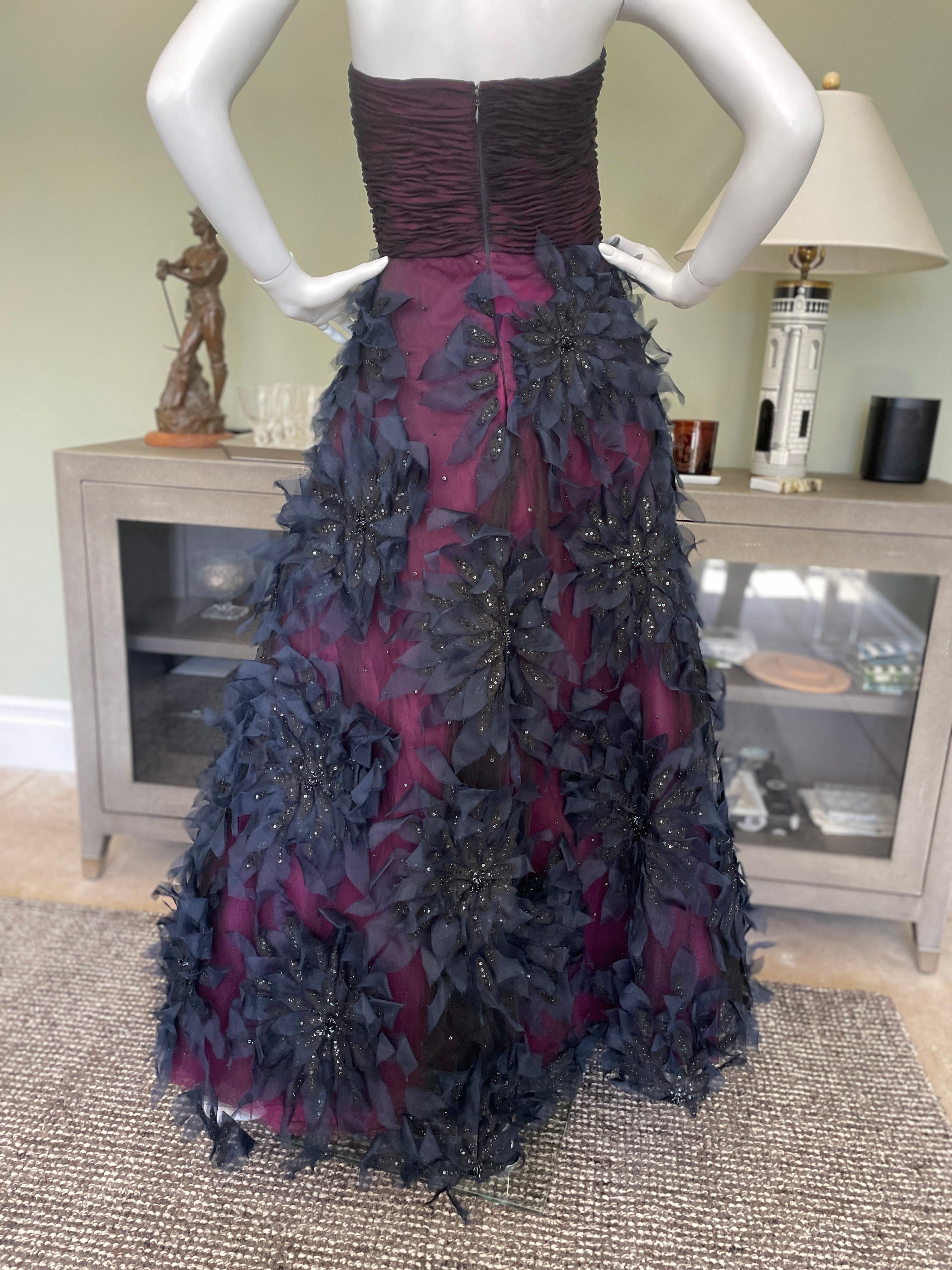 Black Oscar de la Renta Vintage Strapless Floral Applique Ball Gown w 15  Petticoats For Sale