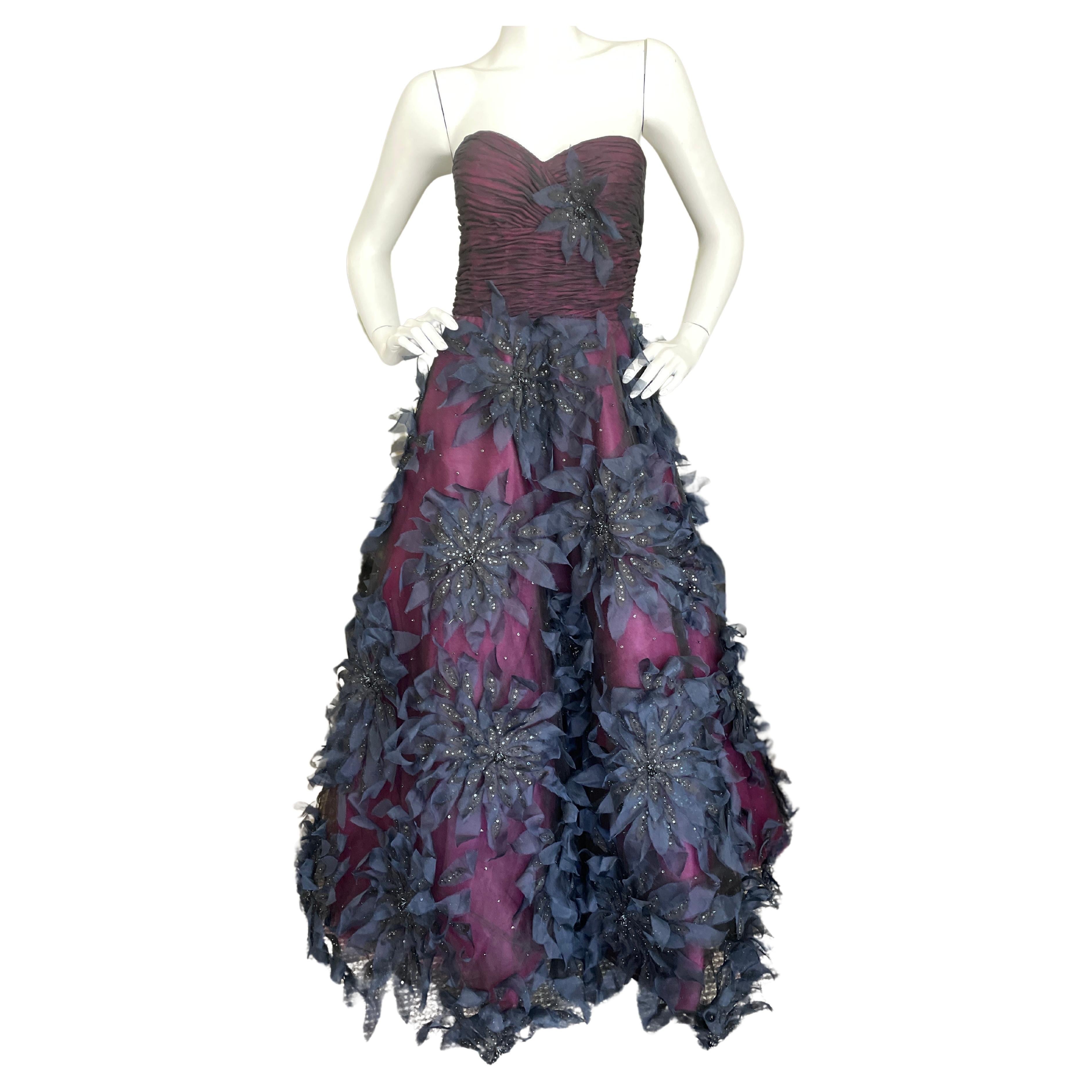Oscar de la Renta Vintage Strapless Floral Applique Ball Gown w 15  Petticoats For Sale
