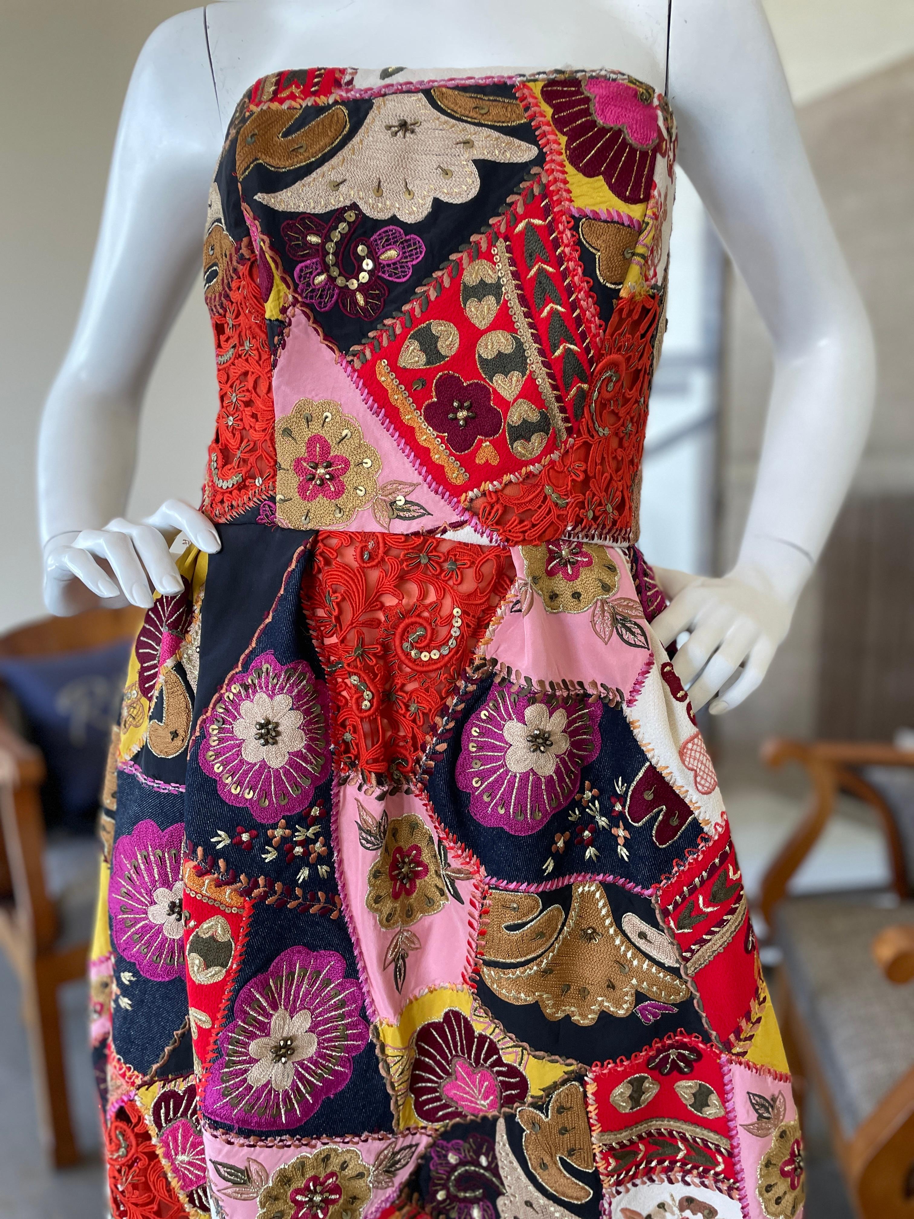 Oscar de la Renta Vintage Strapless Folkloric Patchwork Evening Dress For Sale 6
