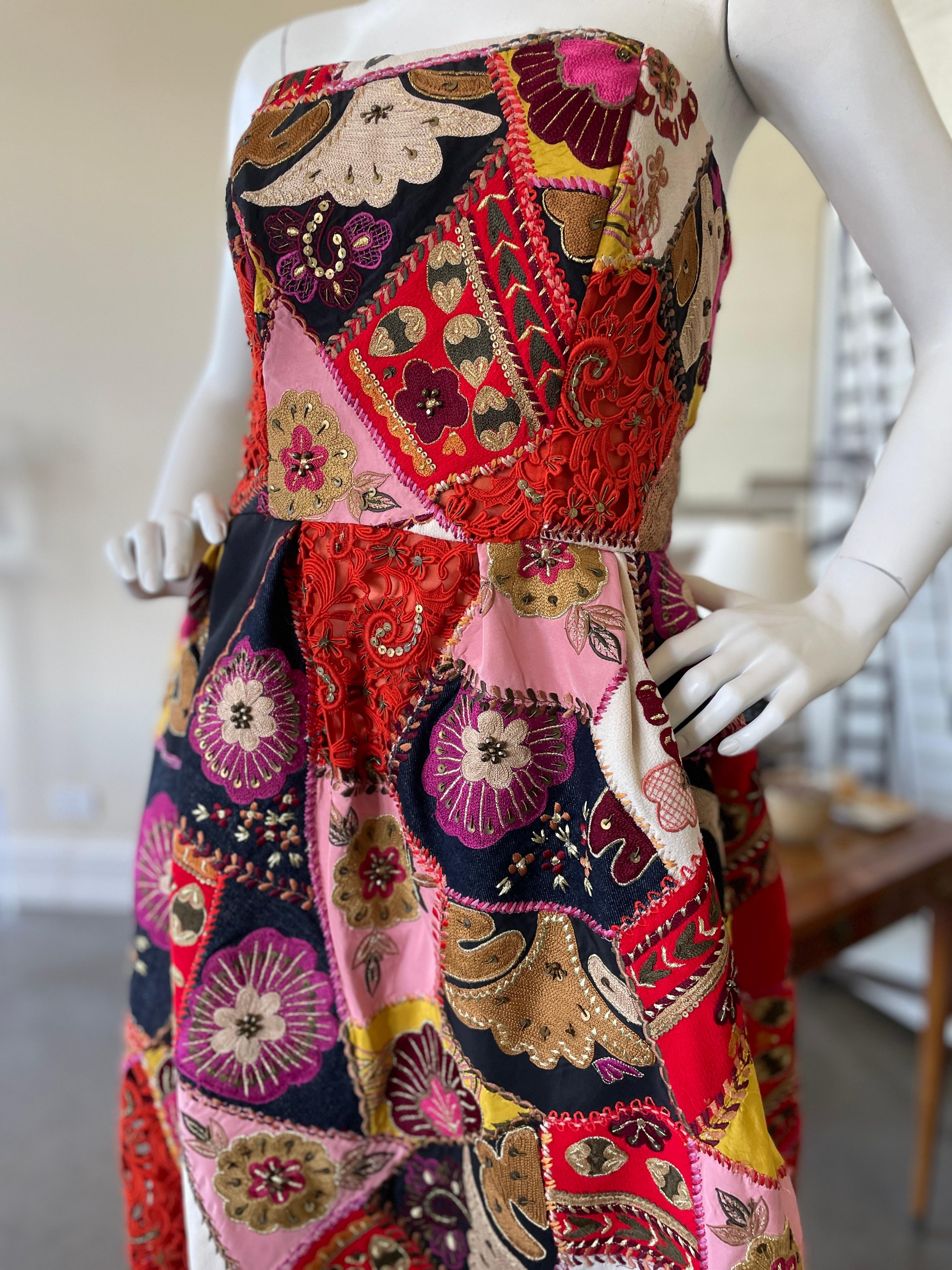 Oscar de la Renta Vintage Strapless Folkloric Patchwork Evening Dress In Excellent Condition For Sale In Cloverdale, CA