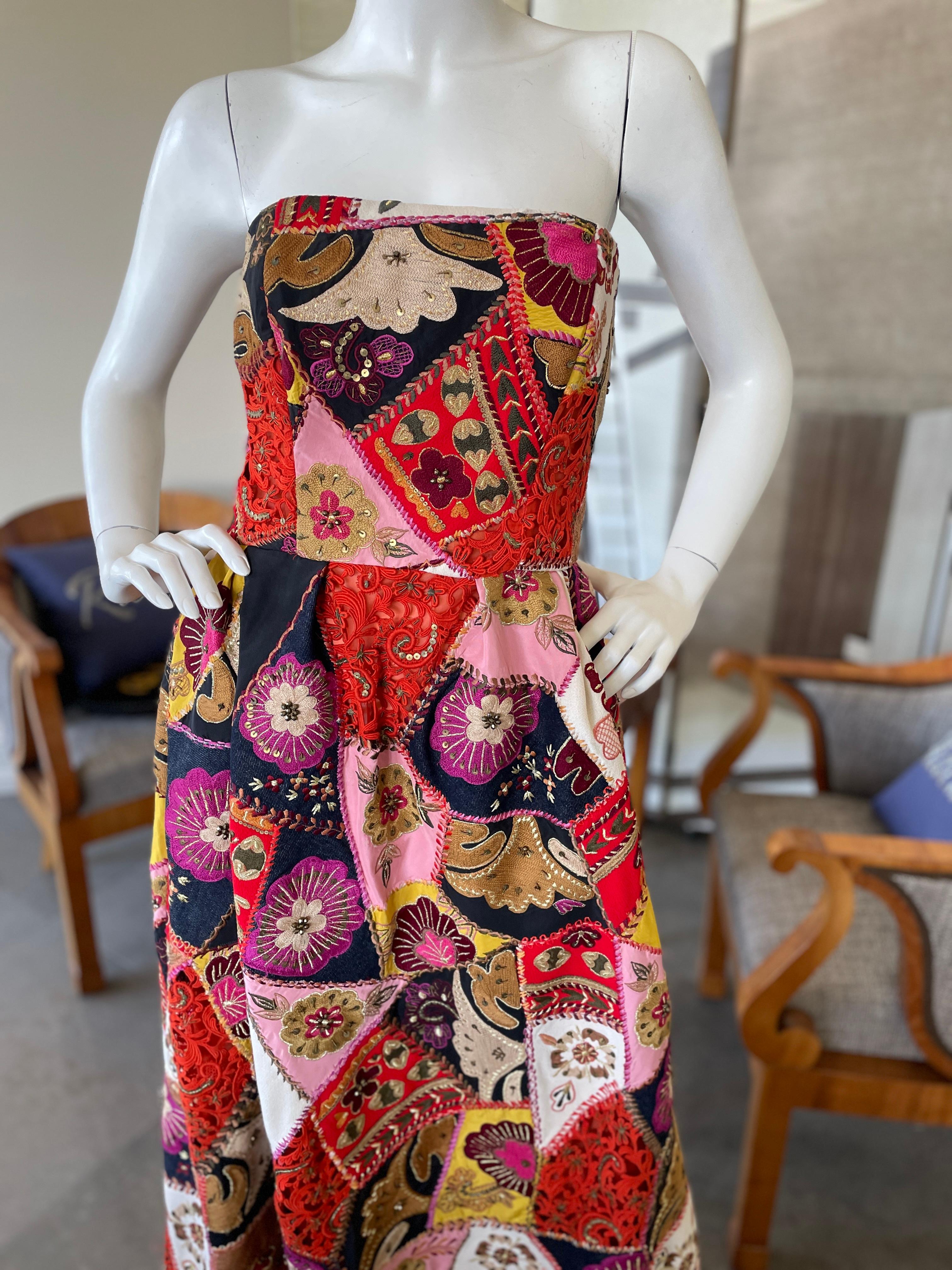 Oscar de la Renta Vintage Strapless Folkloric Patchwork Evening Dress For Sale 1