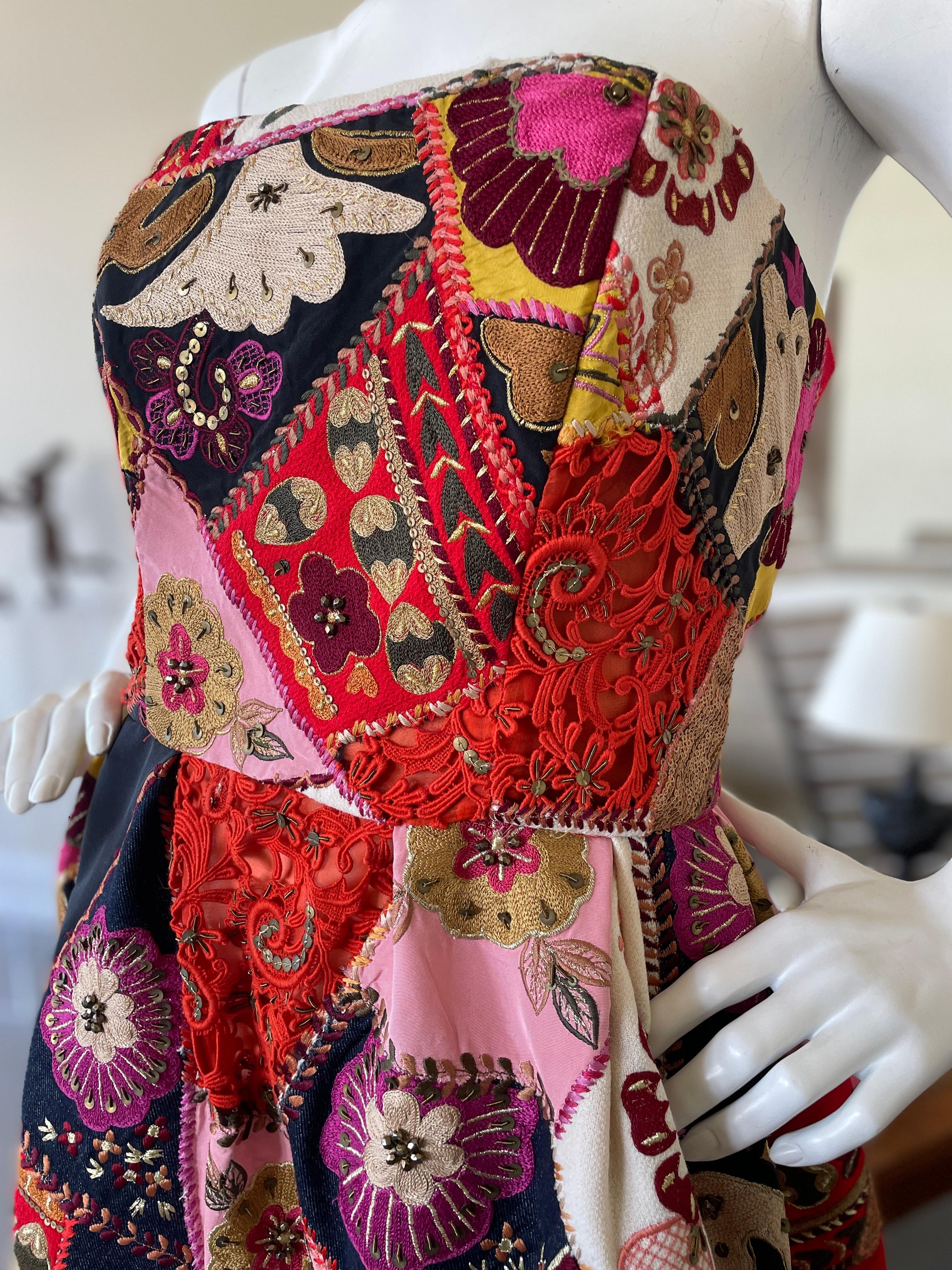 Oscar de la Renta Vintage Strapless Folkloric Patchwork Evening Dress For Sale 2