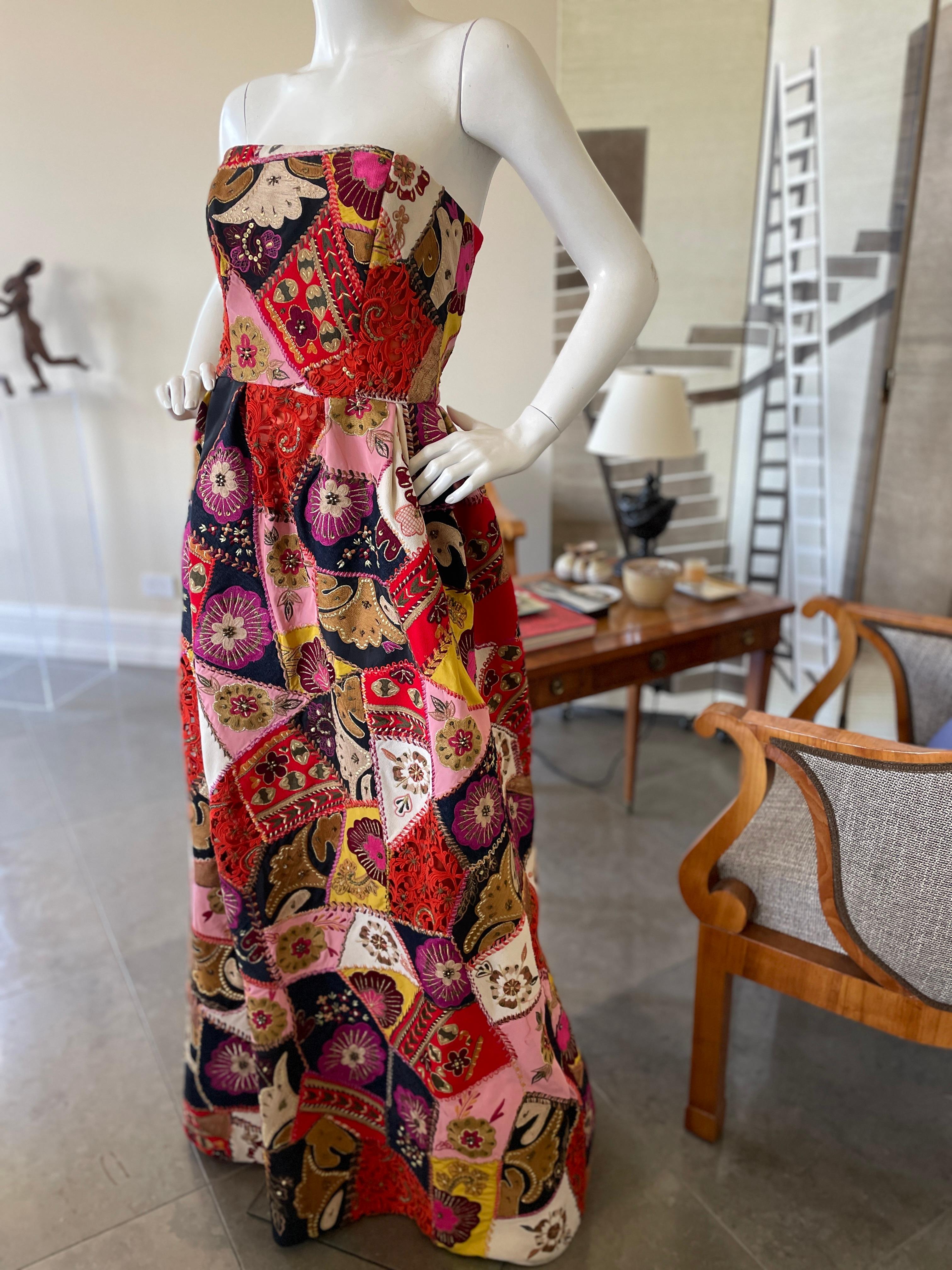Oscar de la Renta Vintage Strapless Folkloric Patchwork Evening Dress For Sale 3